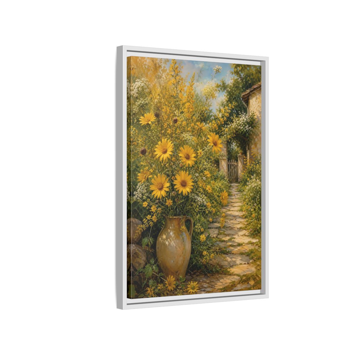 Side Mockup 1. Floral Yellow Flowers Yellow Garden shown as stretched canvas wall art