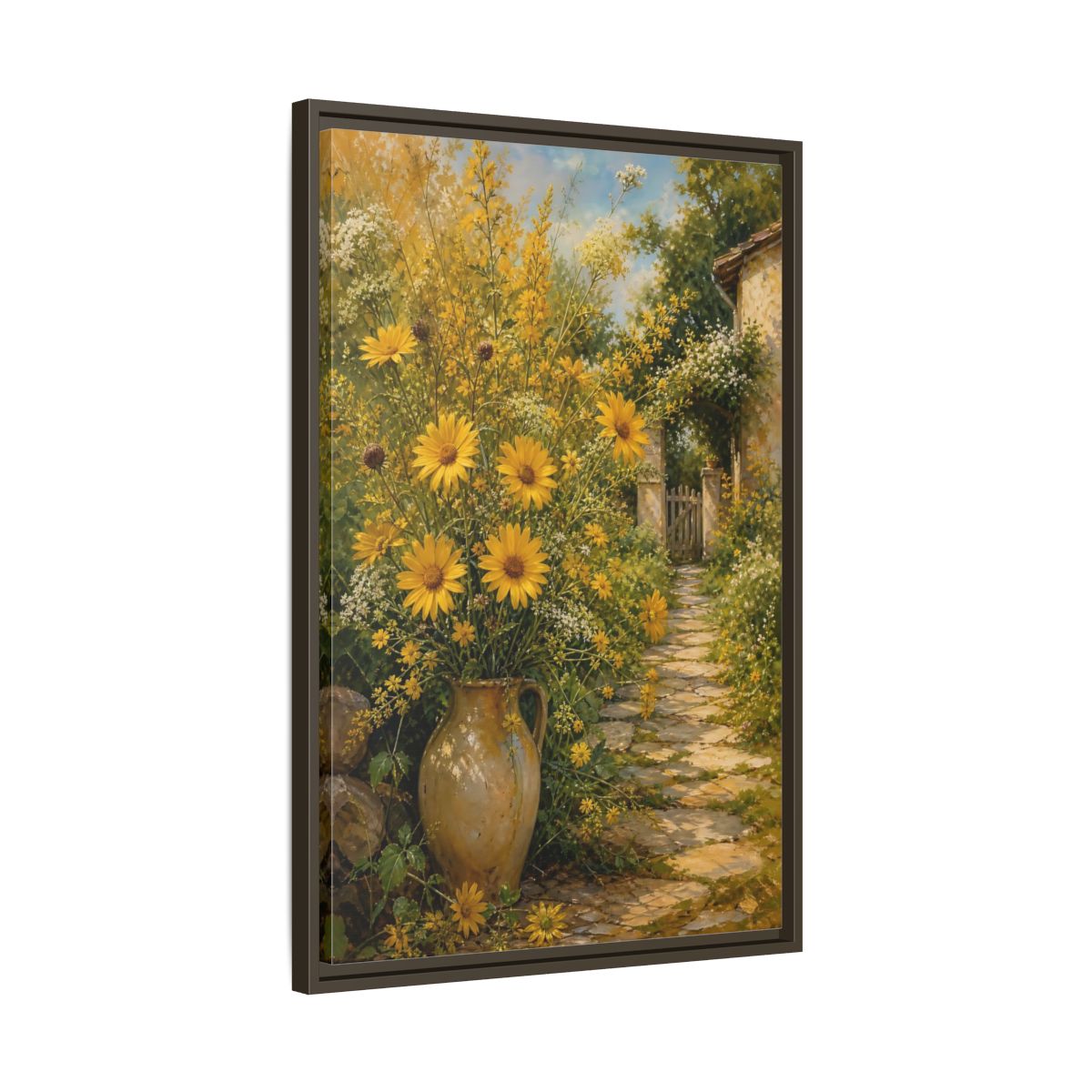 Side Mockup 11. Floral Yellow Flowers Yellow Garden shown as stretched canvas wall art