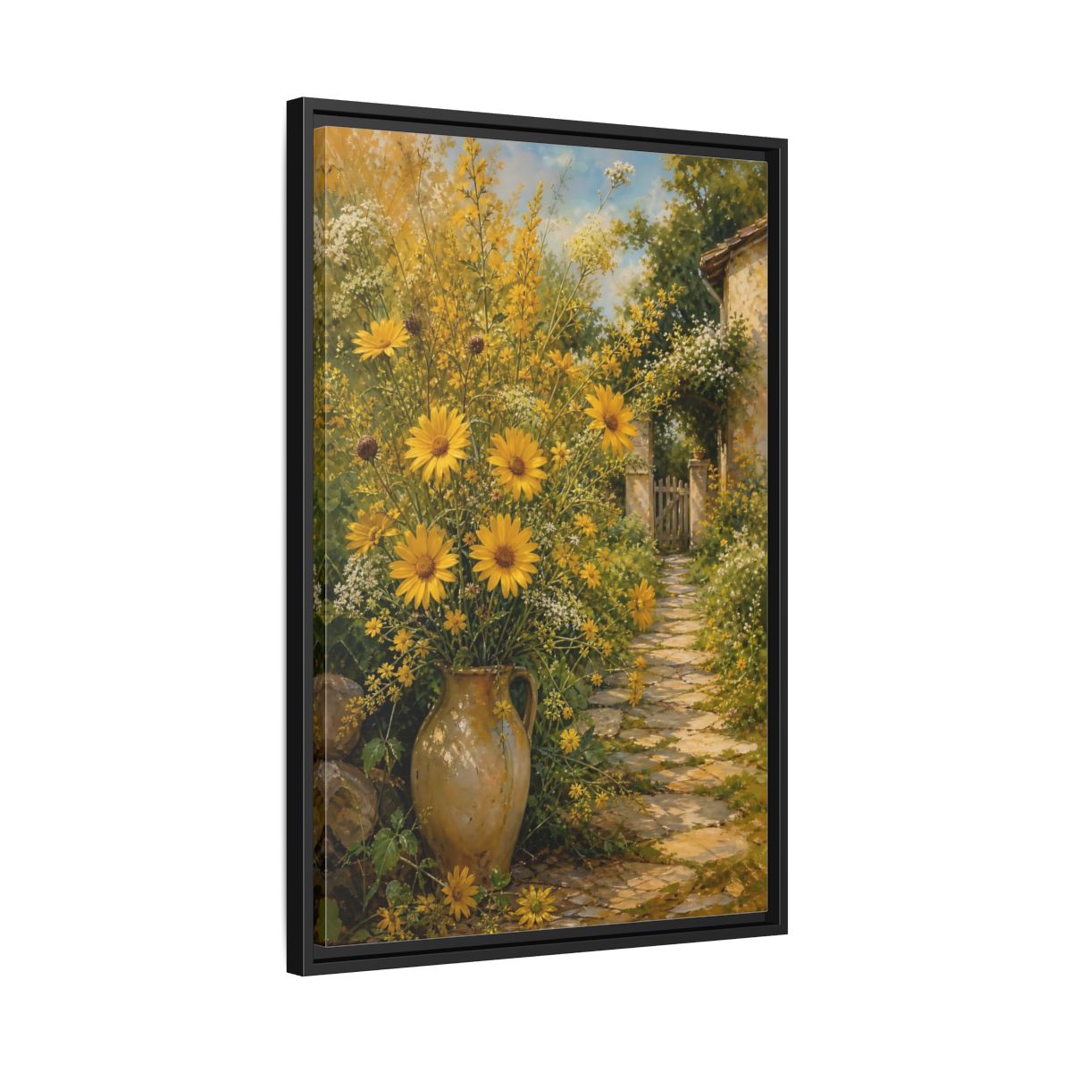 Side Mockup 14. Floral Yellow Flowers Yellow Garden shown as stretched canvas wall art