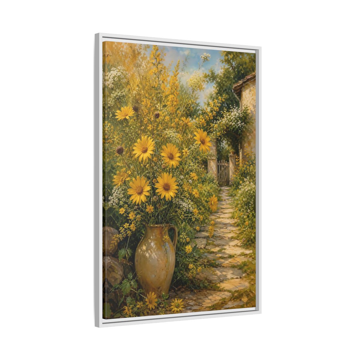 Side Mockup 9. Floral Yellow Flowers Yellow Garden shown as stretched canvas wall art