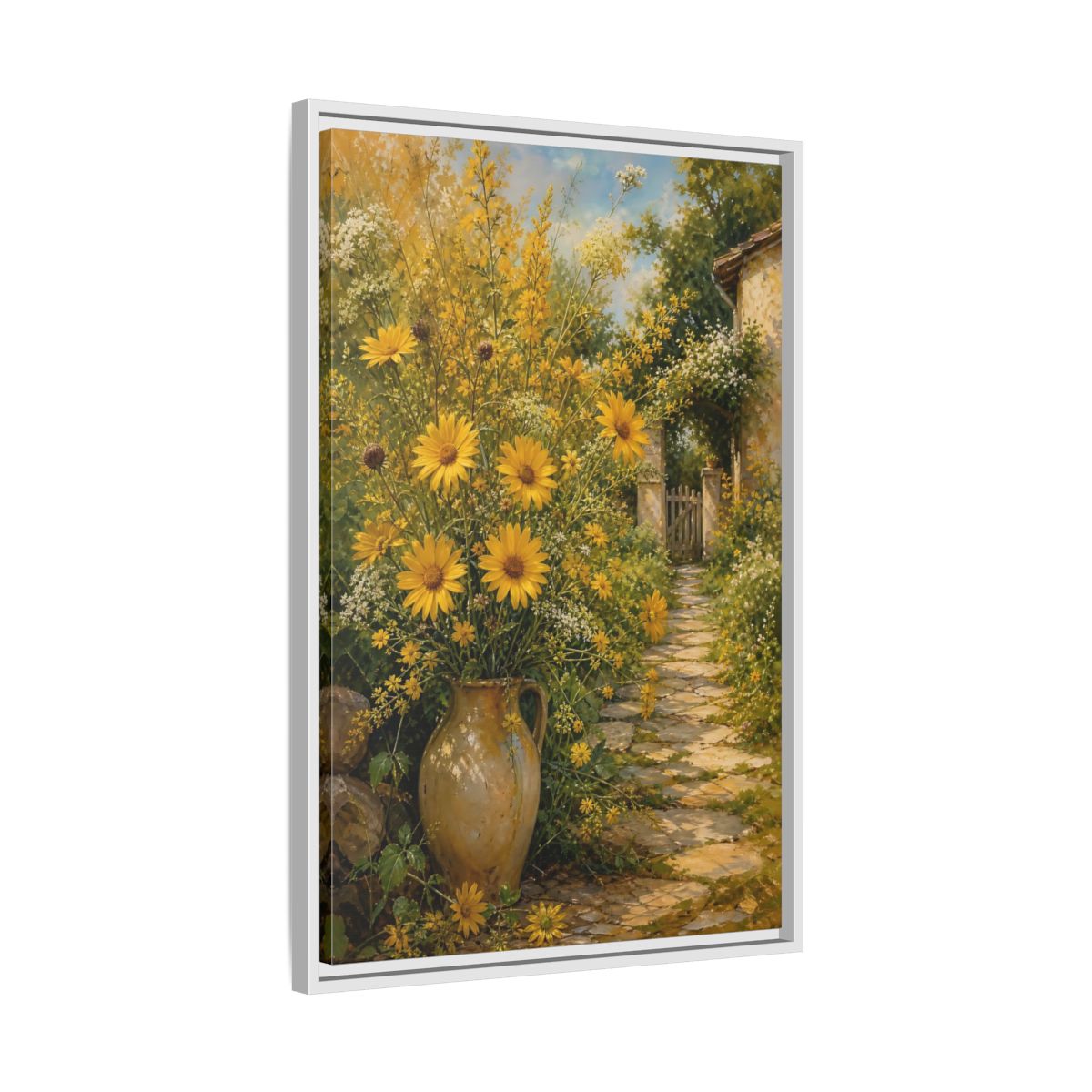 Side Mockup 10. Floral Yellow Flowers Yellow Garden shown as stretched canvas wall art