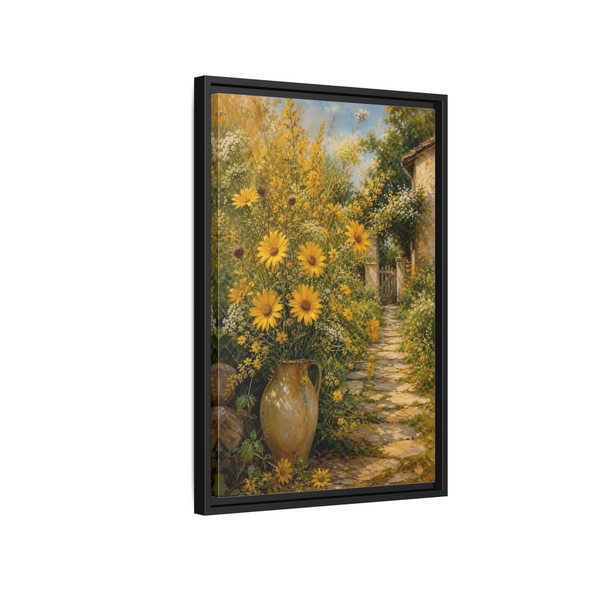 Side Mockup 3. Floral Yellow Flowers Yellow Garden shown as stretched canvas wall art