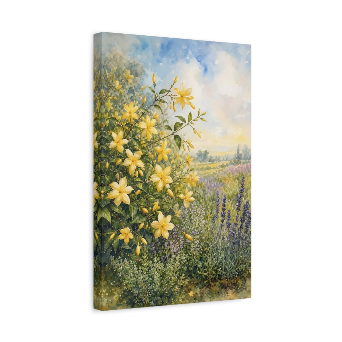 Side Mockup 4. Floral Yellow Flowers Yellow Lavender Field shown as stretched canvas wall art