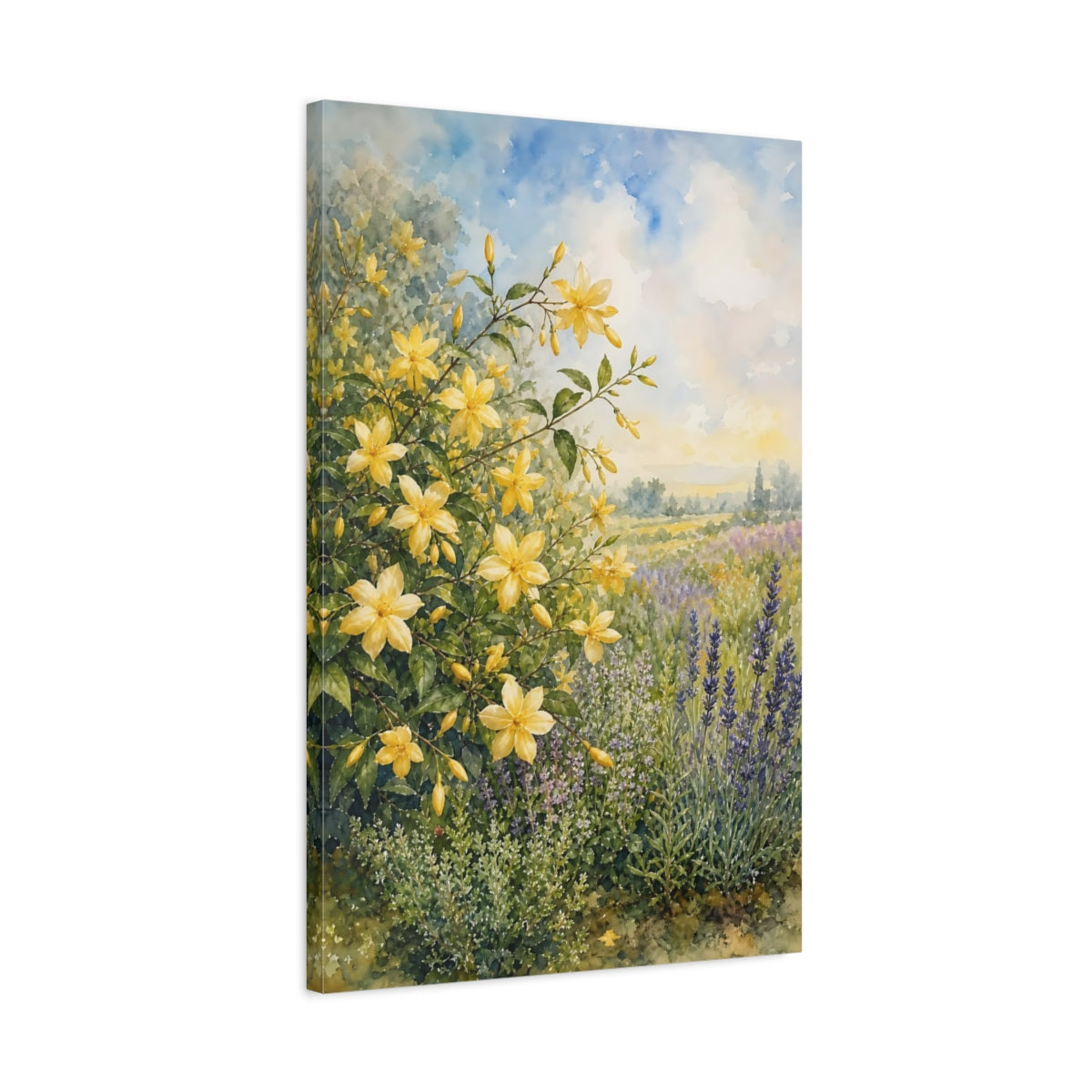 Side Mockup 2. Floral Yellow Flowers Yellow Lavender Field shown as stretched canvas wall art