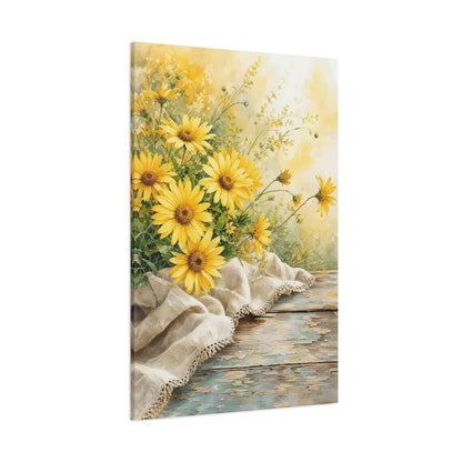 Side Mockup 1. Floral Yellow Flowers Yellow Flowers Rustic shown as stretched canvas wall art