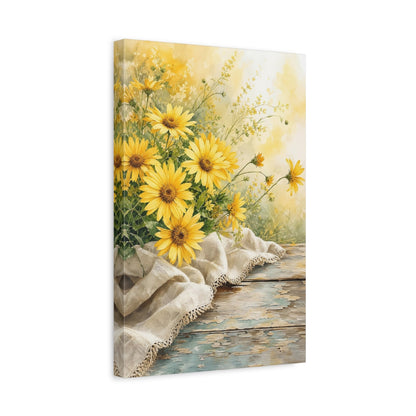 Side Mockup 4. Floral Yellow Flowers Yellow Flowers Rustic shown as stretched canvas wall art