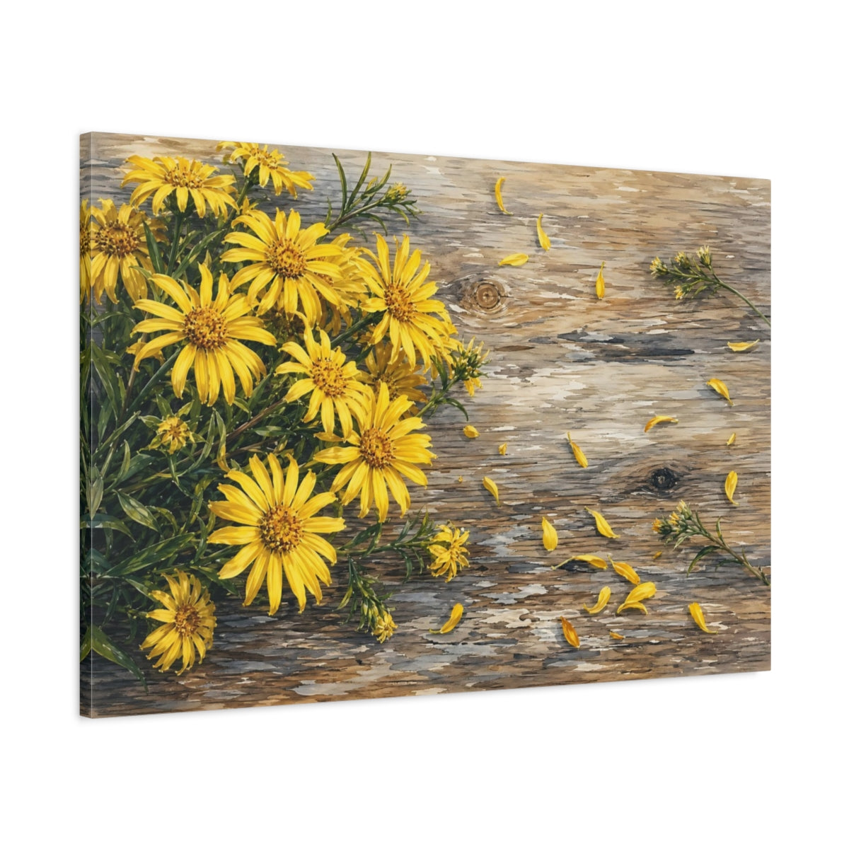 Main Mockup. Floral Yellow Flowers Yellow And Brown shown as stretched canvas wall art