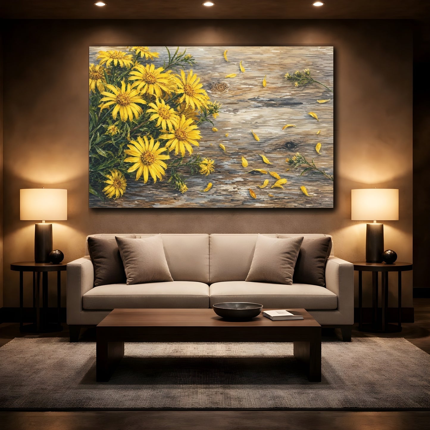Mockup 2. Floral Yellow Flowers Yellow And Brown shown as stretched canvas wall art