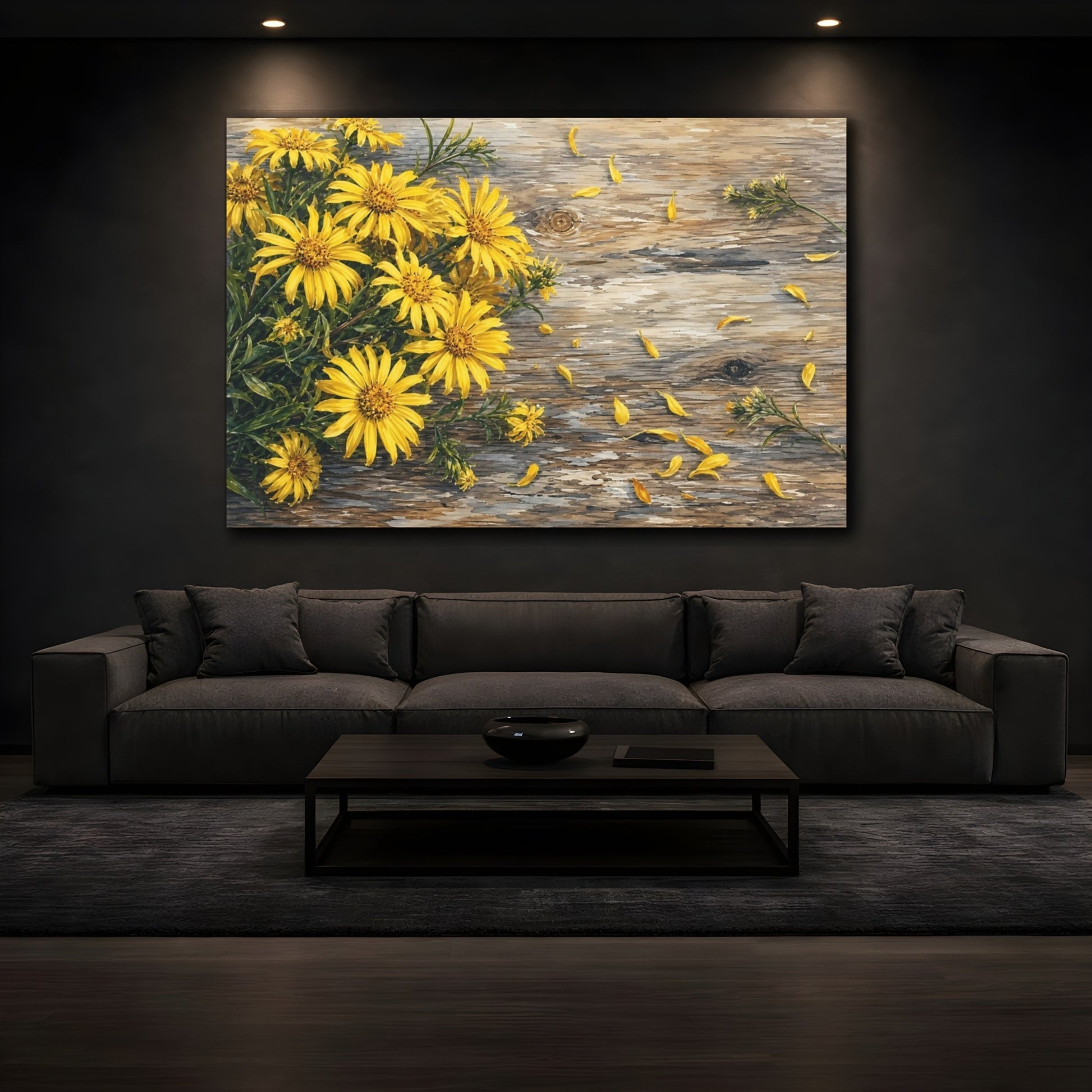 Mockup 3. Floral Yellow Flowers Yellow And Brown shown as stretched canvas wall art
