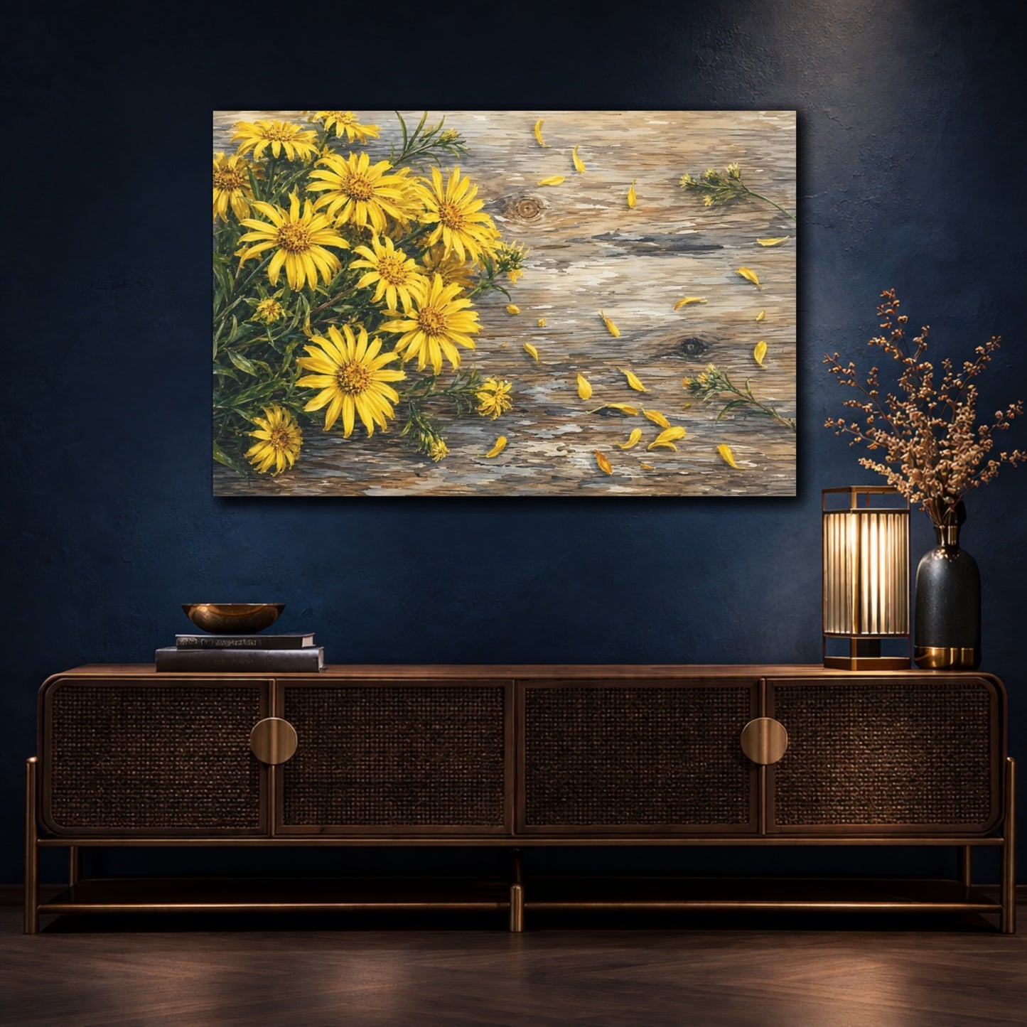 Mockup 4. Floral Yellow Flowers Yellow And Brown shown as stretched canvas wall art