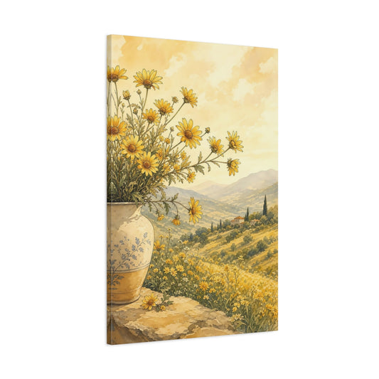 Main Mockup. Floral Yellow Flowers Yellow And Gold shown as stretched canvas wall art