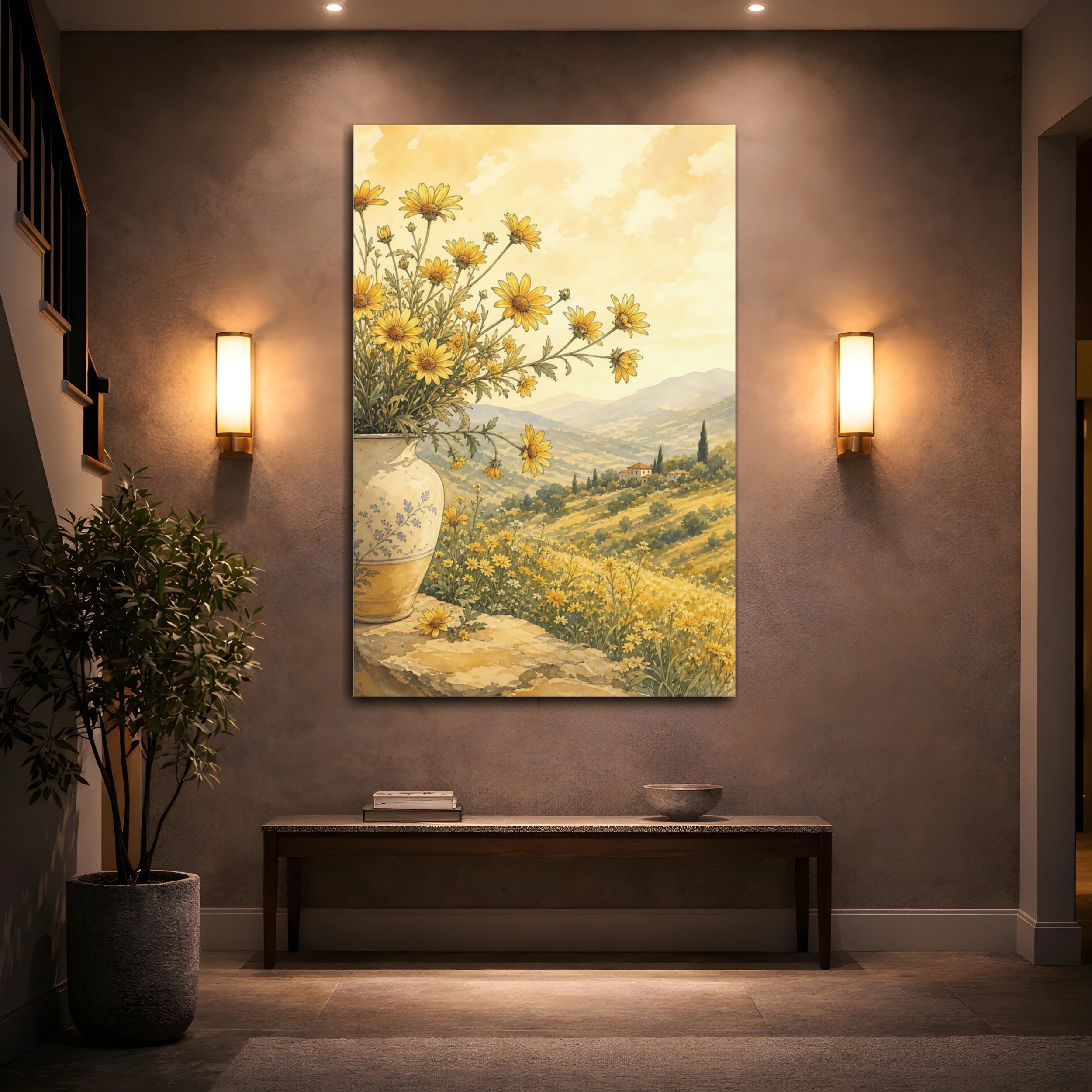 Mockup 2. Floral Yellow Flowers Yellow And Gold shown as stretched canvas wall art