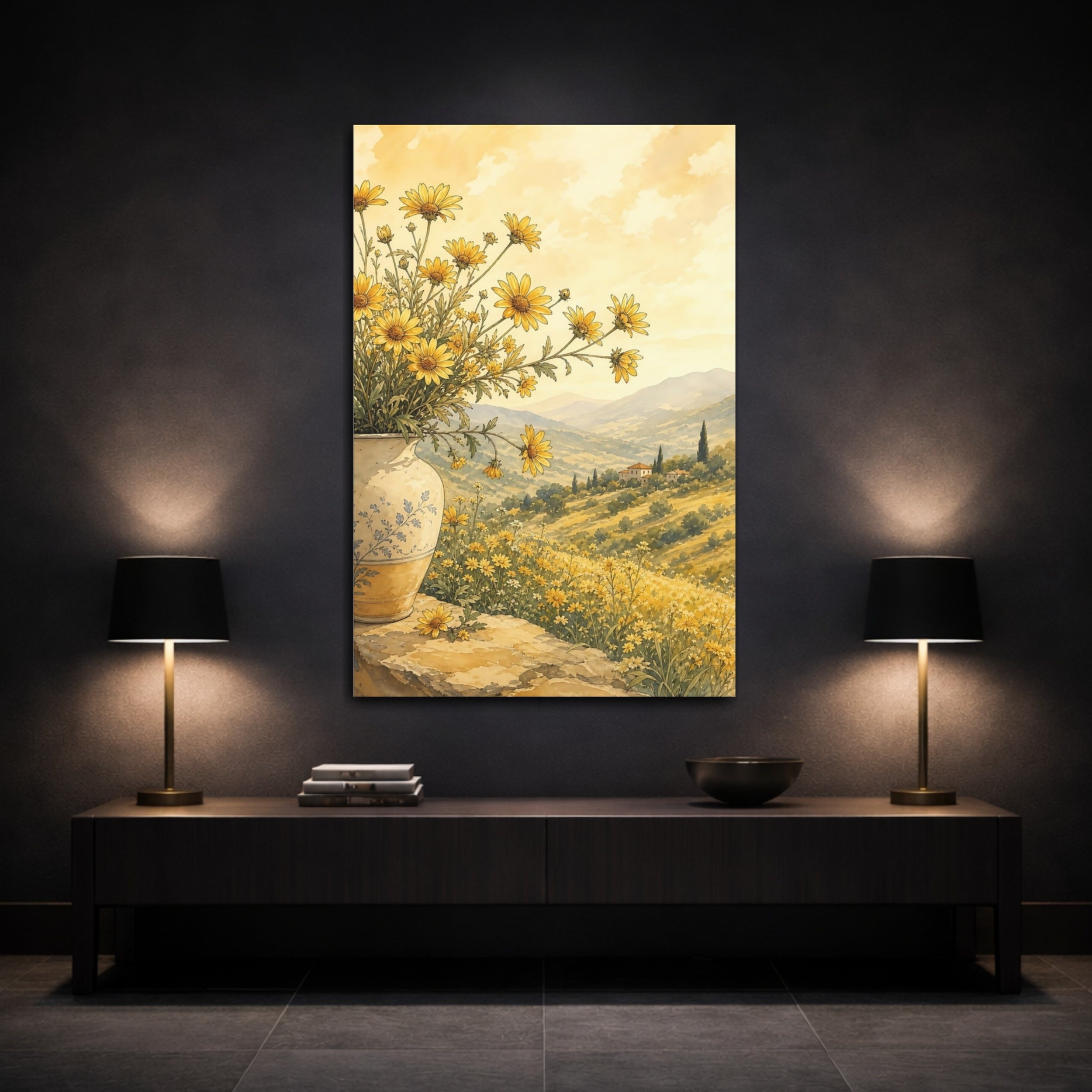Mockup 3. Floral Yellow Flowers Yellow And Gold shown as stretched canvas wall art