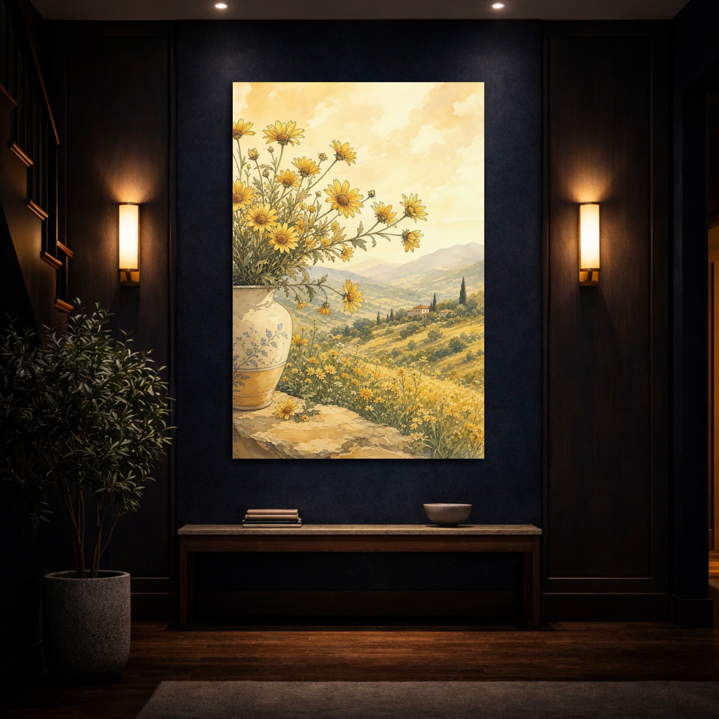 Mockup 4. Floral Yellow Flowers Yellow And Gold shown as stretched canvas wall art