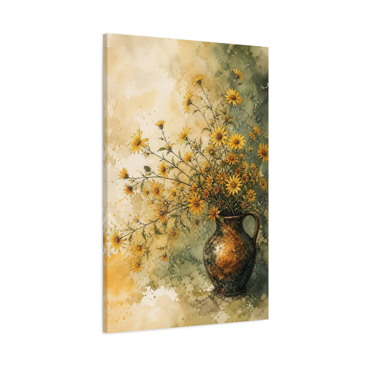 Main Mockup. Floral Yellow Flowers Yellow And Green shown as stretched canvas wall art