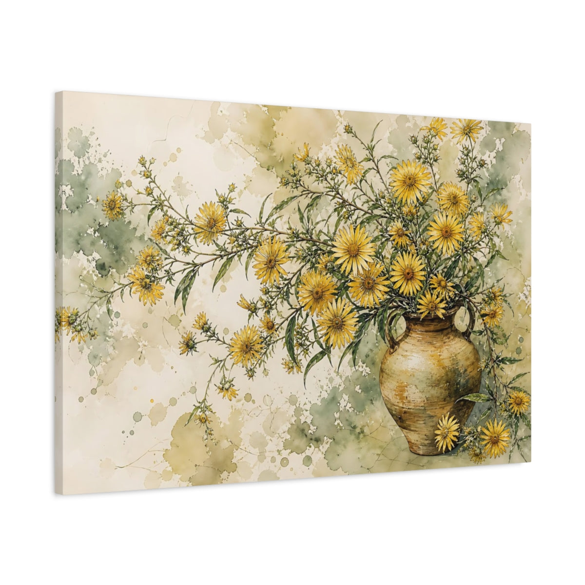 Main Mockup. Floral Yellow Flowers Yellow And Green Floral shown as stretched canvas wall art