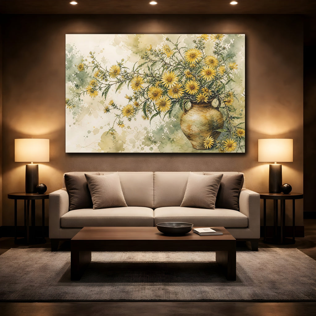 Mockup 2. Floral Yellow Flowers Yellow And Green Floral shown as stretched canvas wall art