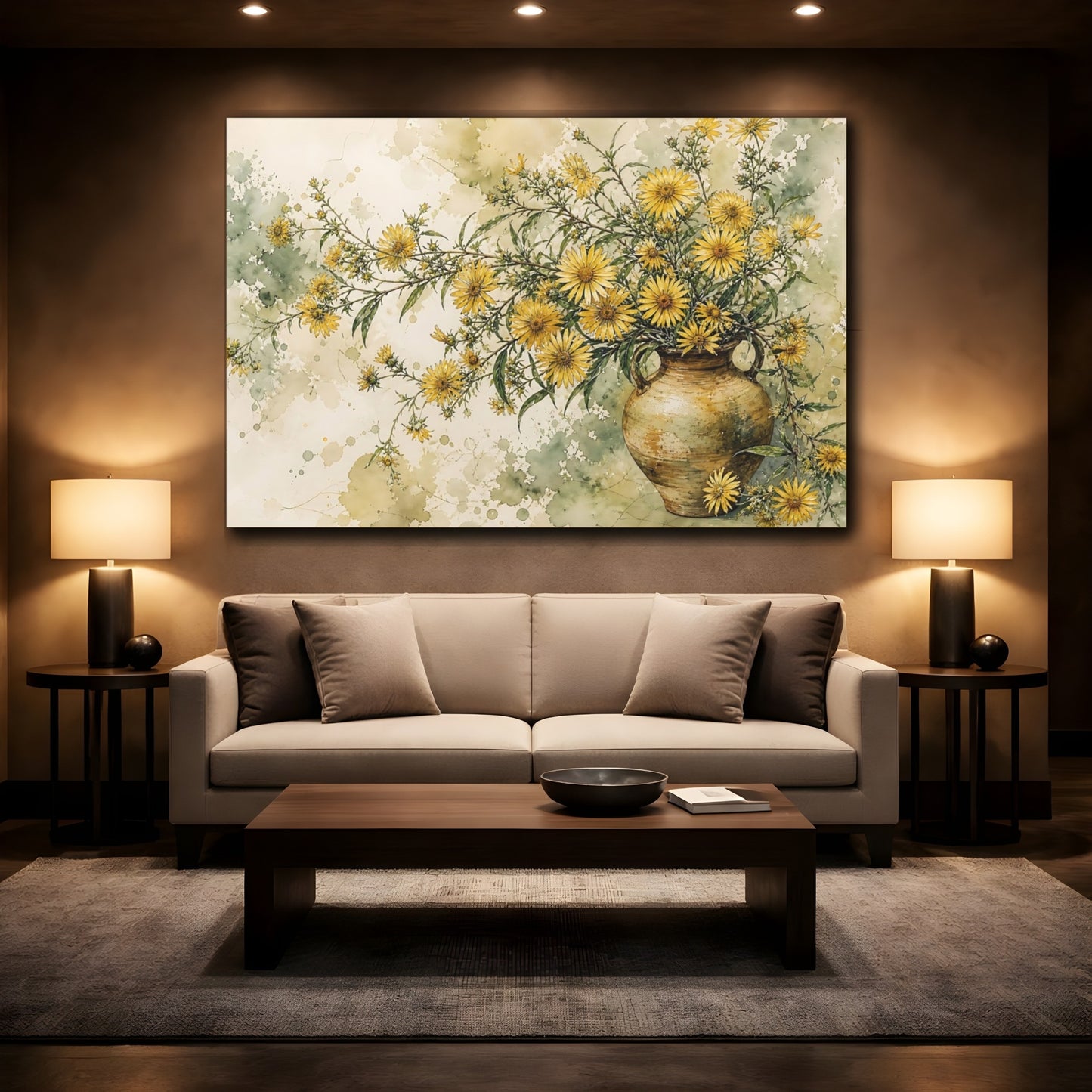 Mockup 2. Floral Yellow Flowers Yellow And Green Floral shown as stretched canvas wall art