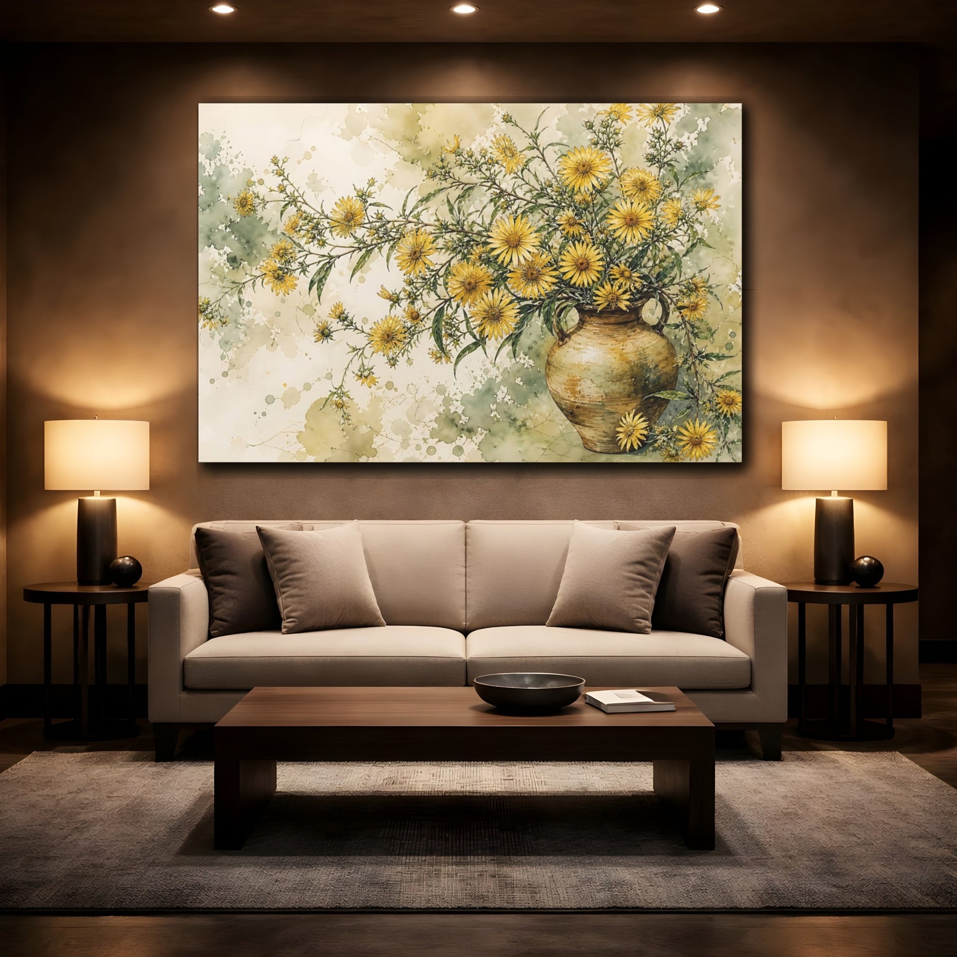 Mockup 2. Floral Yellow Flowers Yellow And Green Floral shown as stretched canvas wall art