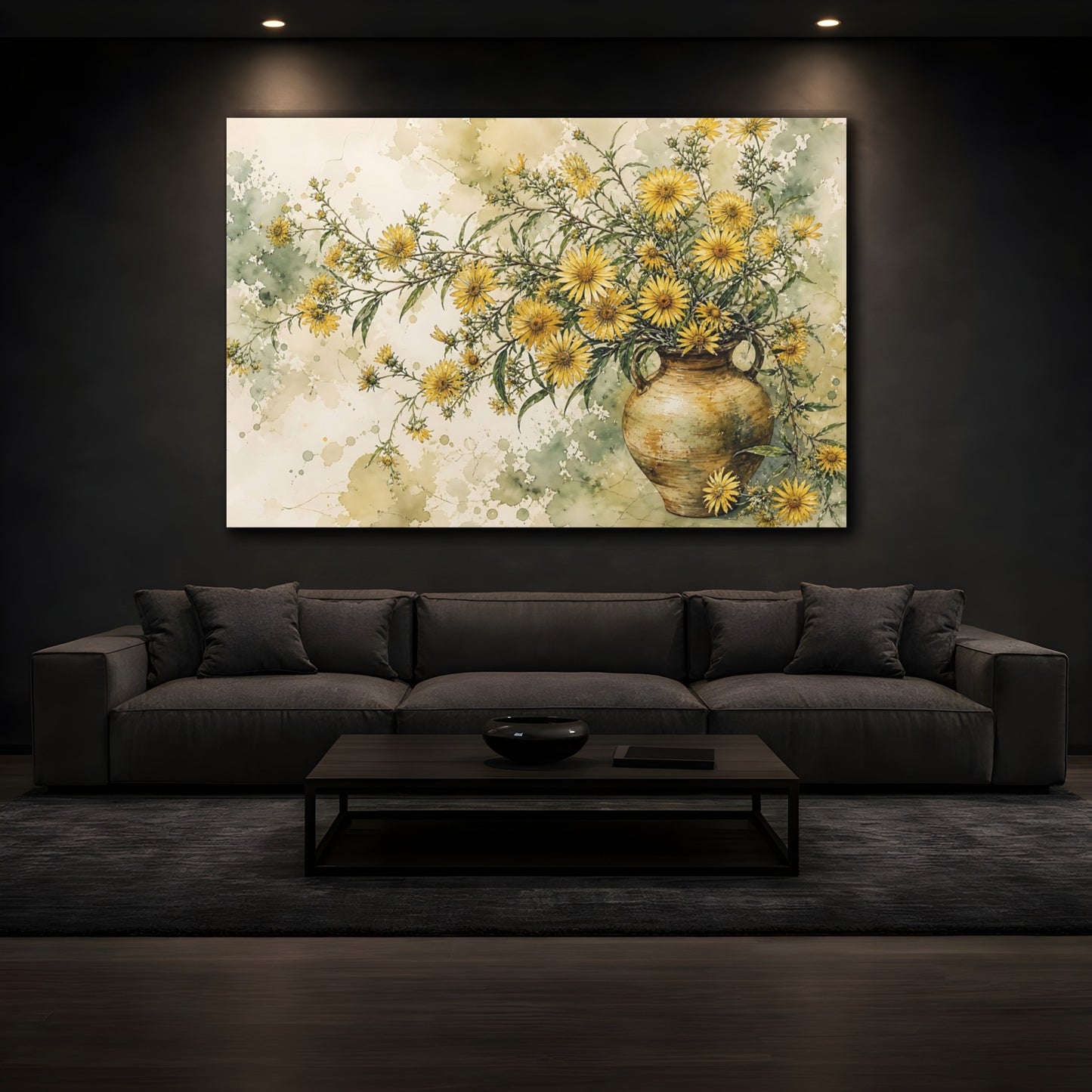 Mockup 3. Floral Yellow Flowers Yellow And Green Floral shown as stretched canvas wall art