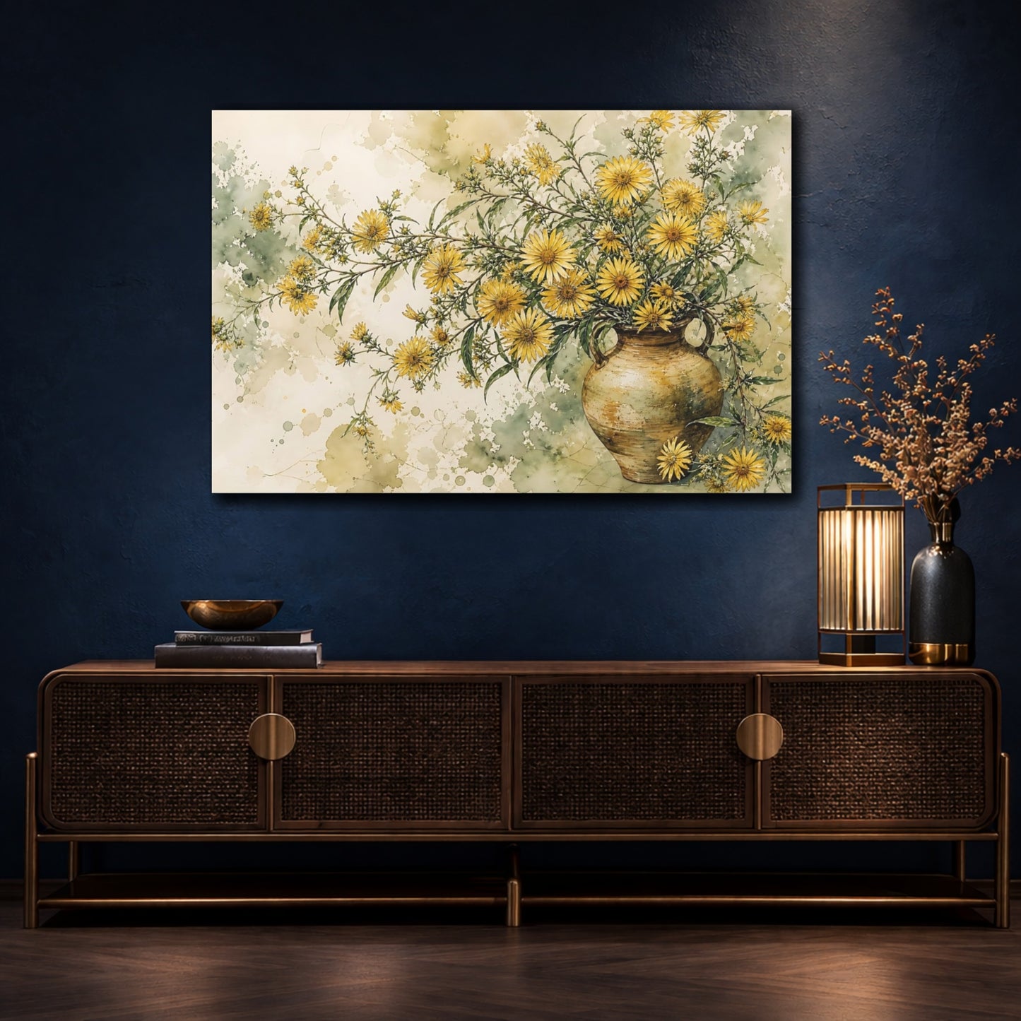 Mockup 4. Floral Yellow Flowers Yellow And Green Floral shown as stretched canvas wall art