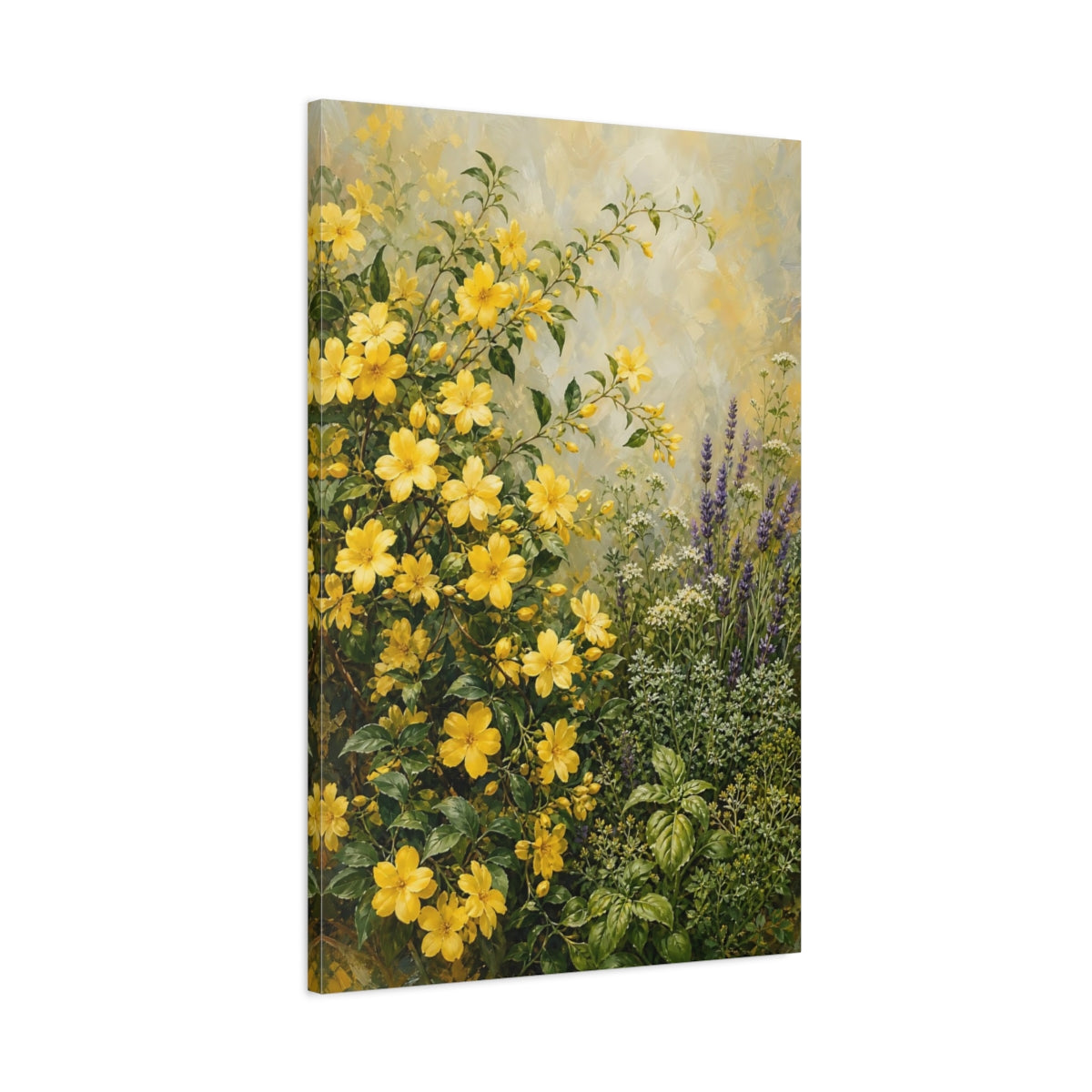 Main Mockup. Floral Yellow Flowers Yellow And Green Garden shown as stretched canvas wall art
