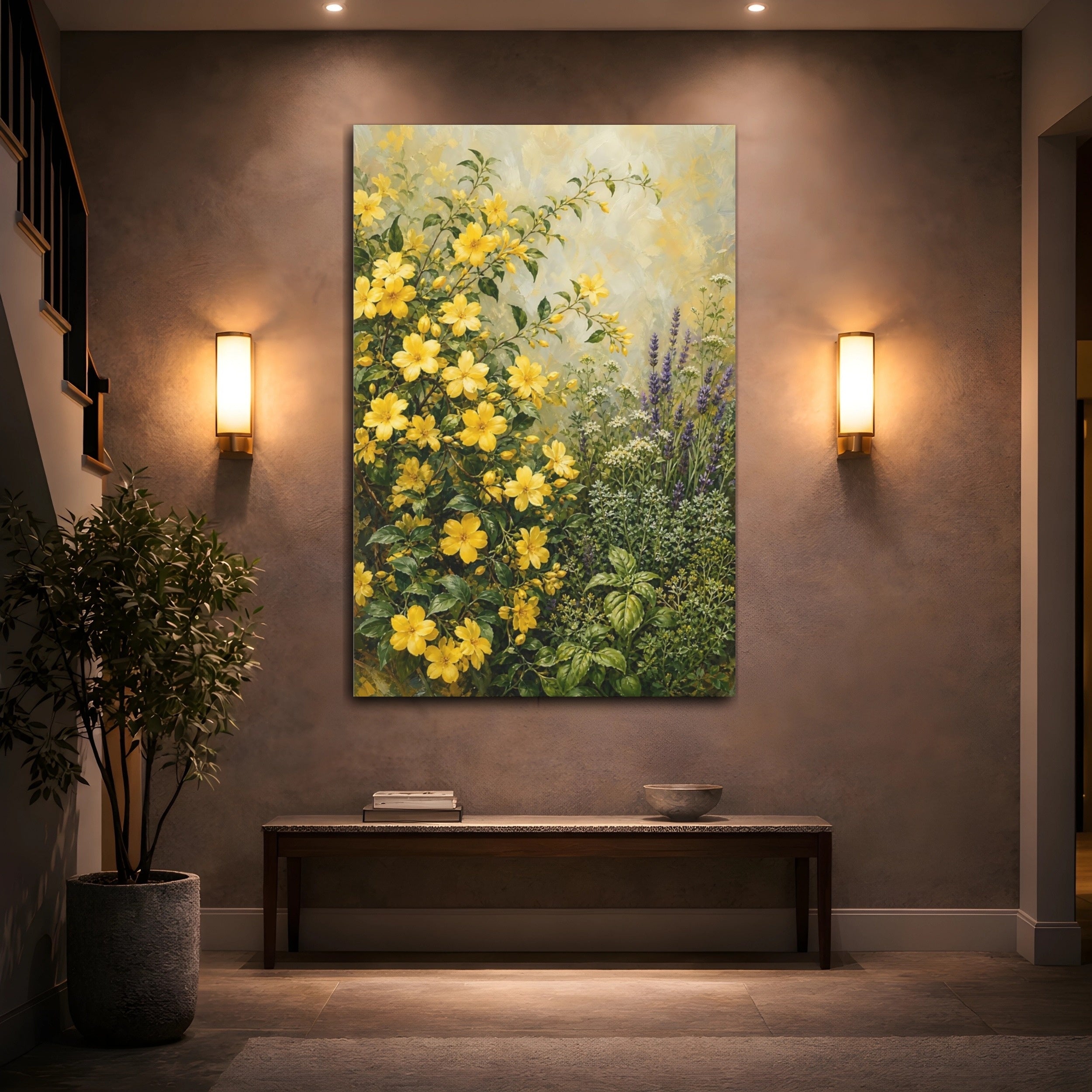 Mockup 2. Floral Yellow Flowers Yellow And Green Garden shown as stretched canvas wall art