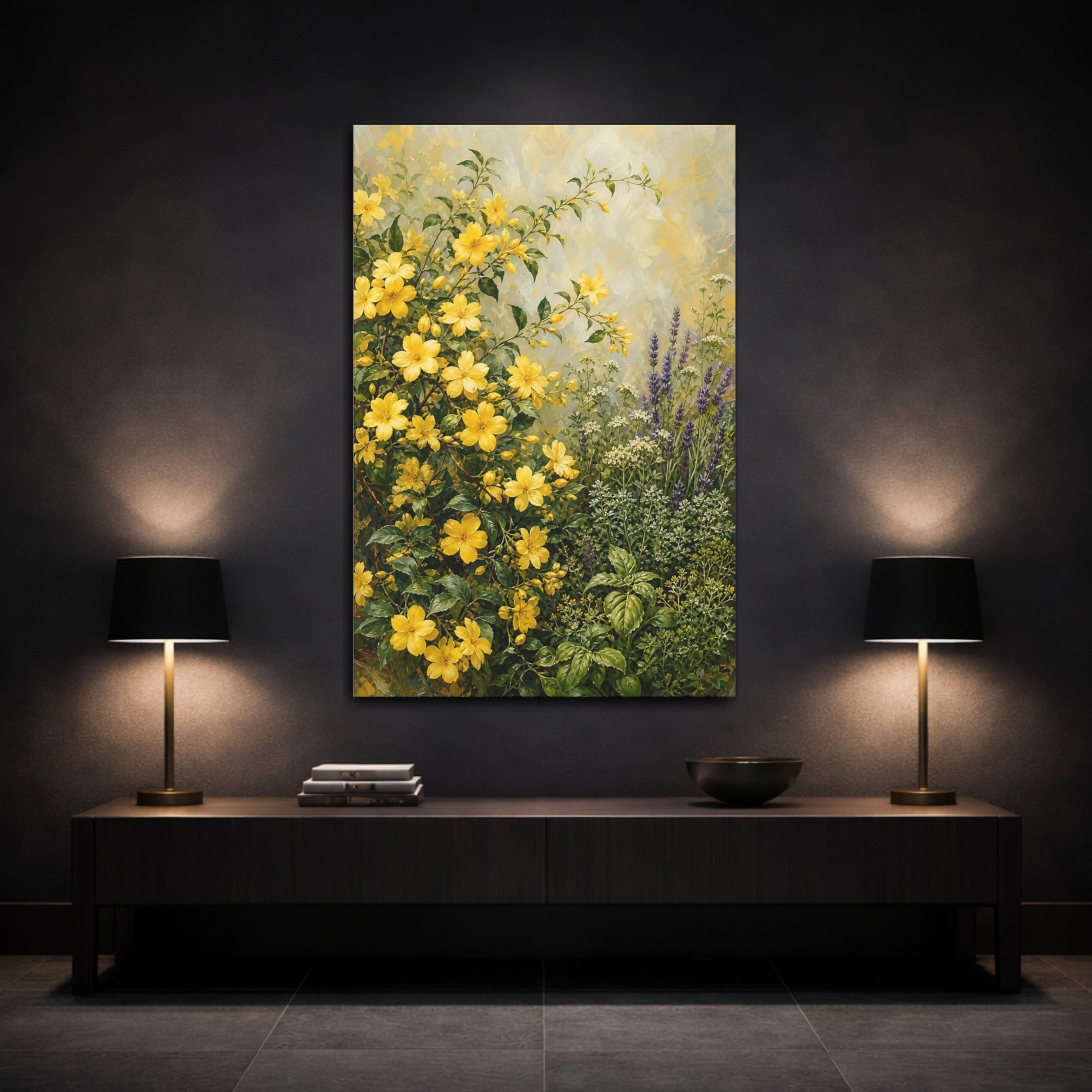 Mockup 3. Floral Yellow Flowers Yellow And Green Garden shown as stretched canvas wall art