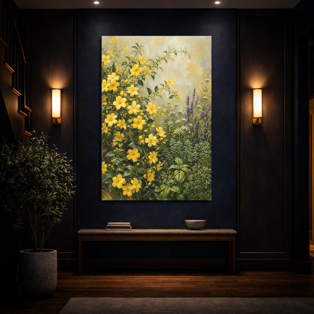 Mockup 4. Floral Yellow Flowers Yellow And Green Garden shown as stretched canvas wall art
