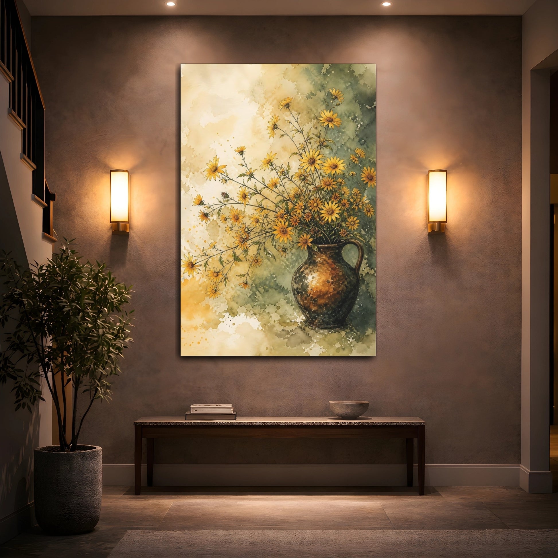 Mockup 2. Floral Yellow Flowers Yellow And Green shown as stretched canvas wall art