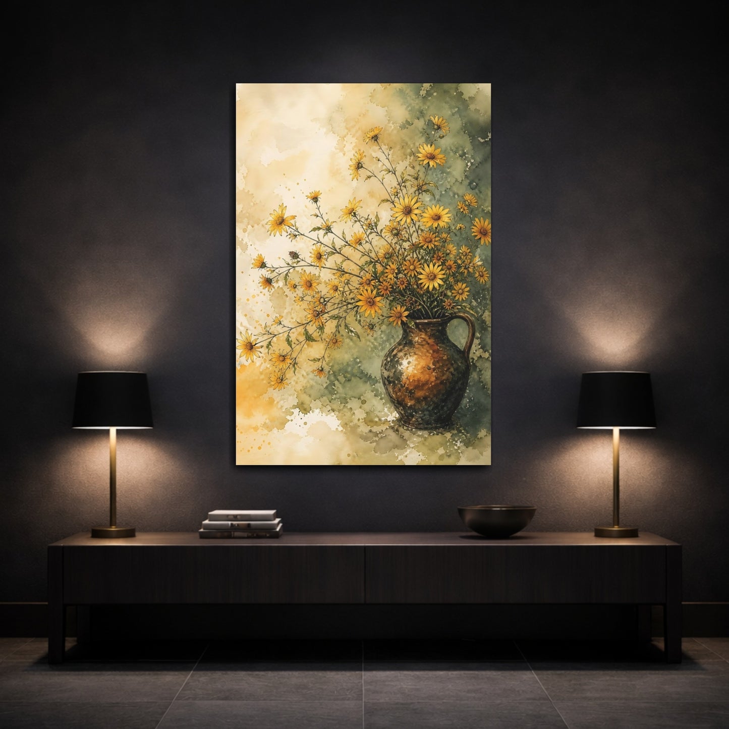 Mockup 3. Floral Yellow Flowers Yellow And Green shown as stretched canvas wall art