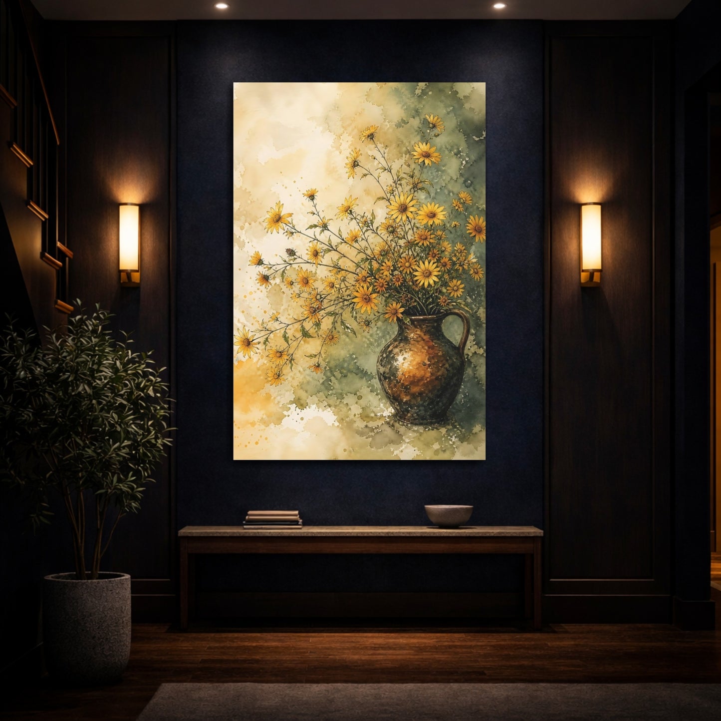 Mockup 4. Floral Yellow Flowers Yellow And Green shown as stretched canvas wall art