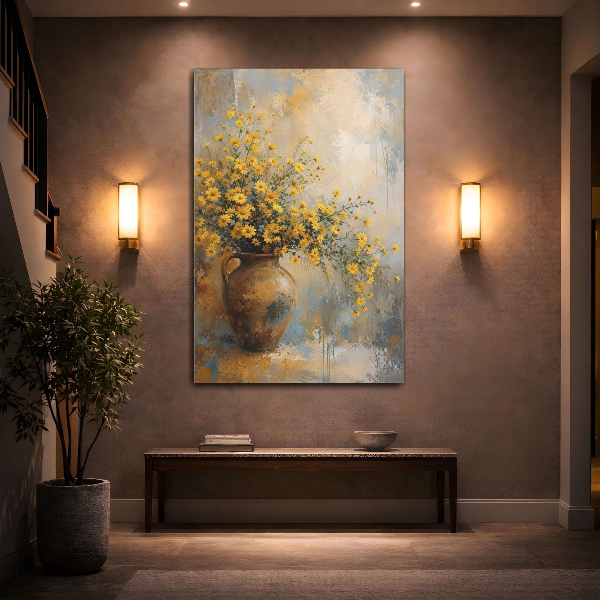 Mockup 2. Floral Yellow Flowers Yellow Floral shown as stretched canvas wall art