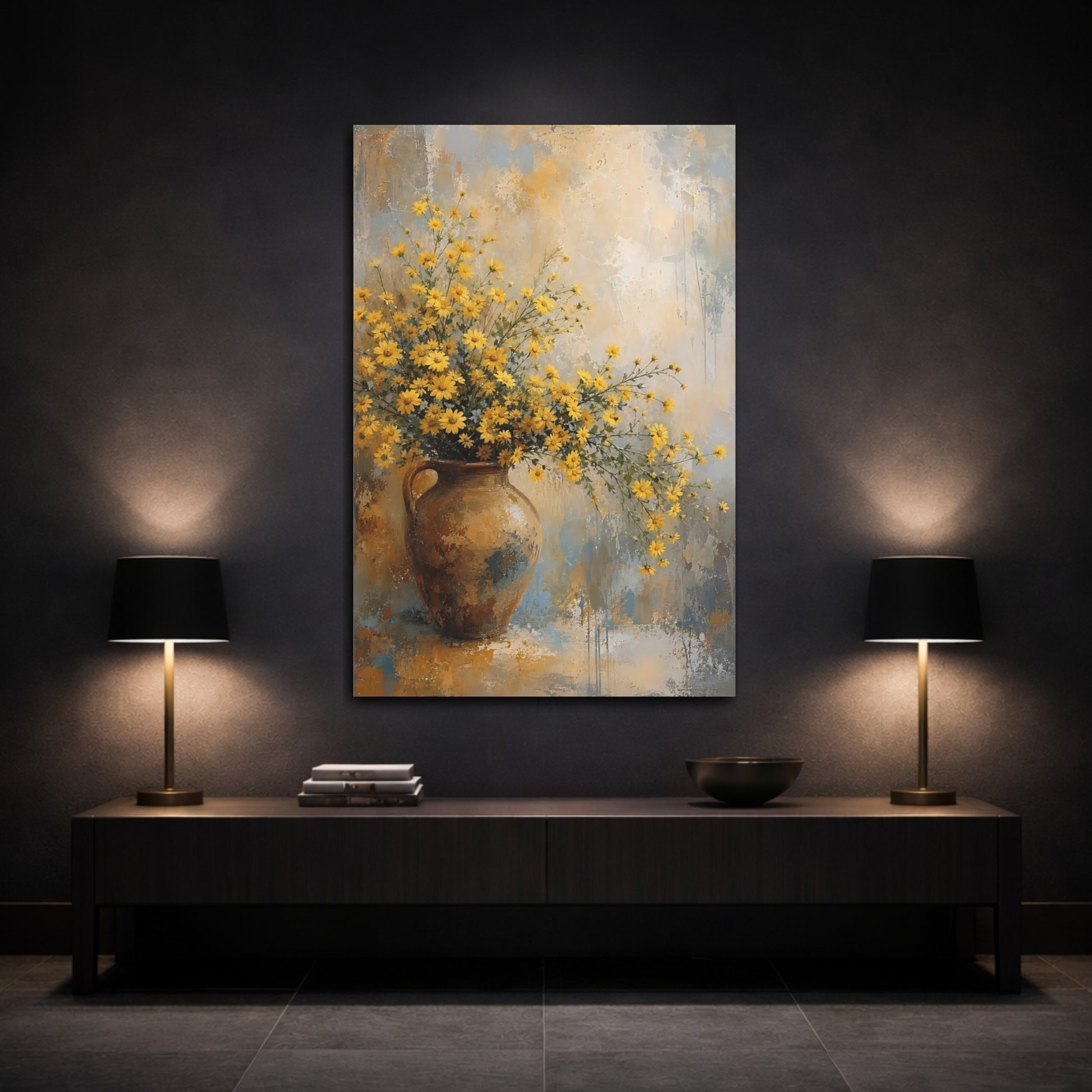 Mockup 3. Floral Yellow Flowers Yellow Floral shown as stretched canvas wall art