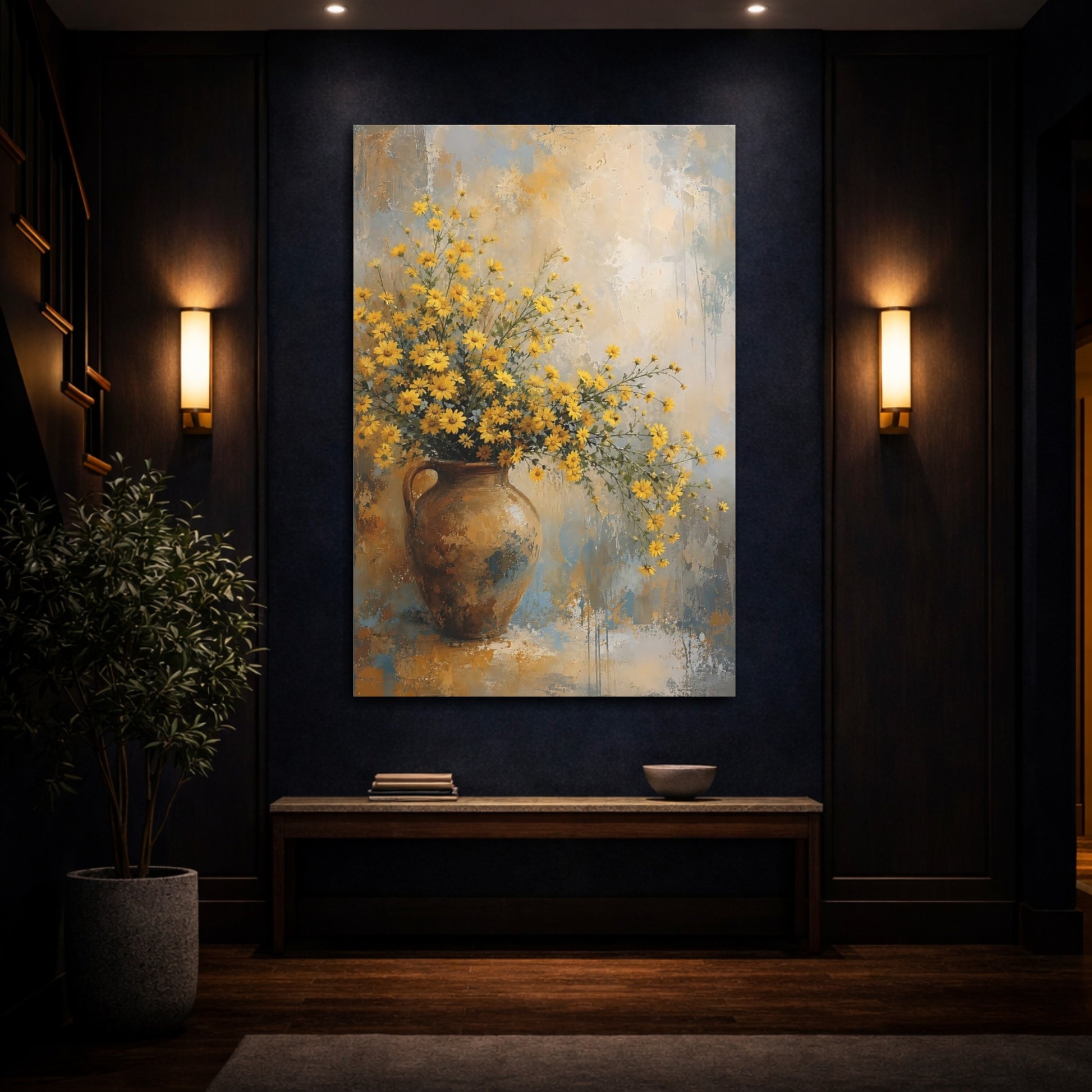 Mockup 4. Floral Yellow Flowers Yellow Floral shown as stretched canvas wall art