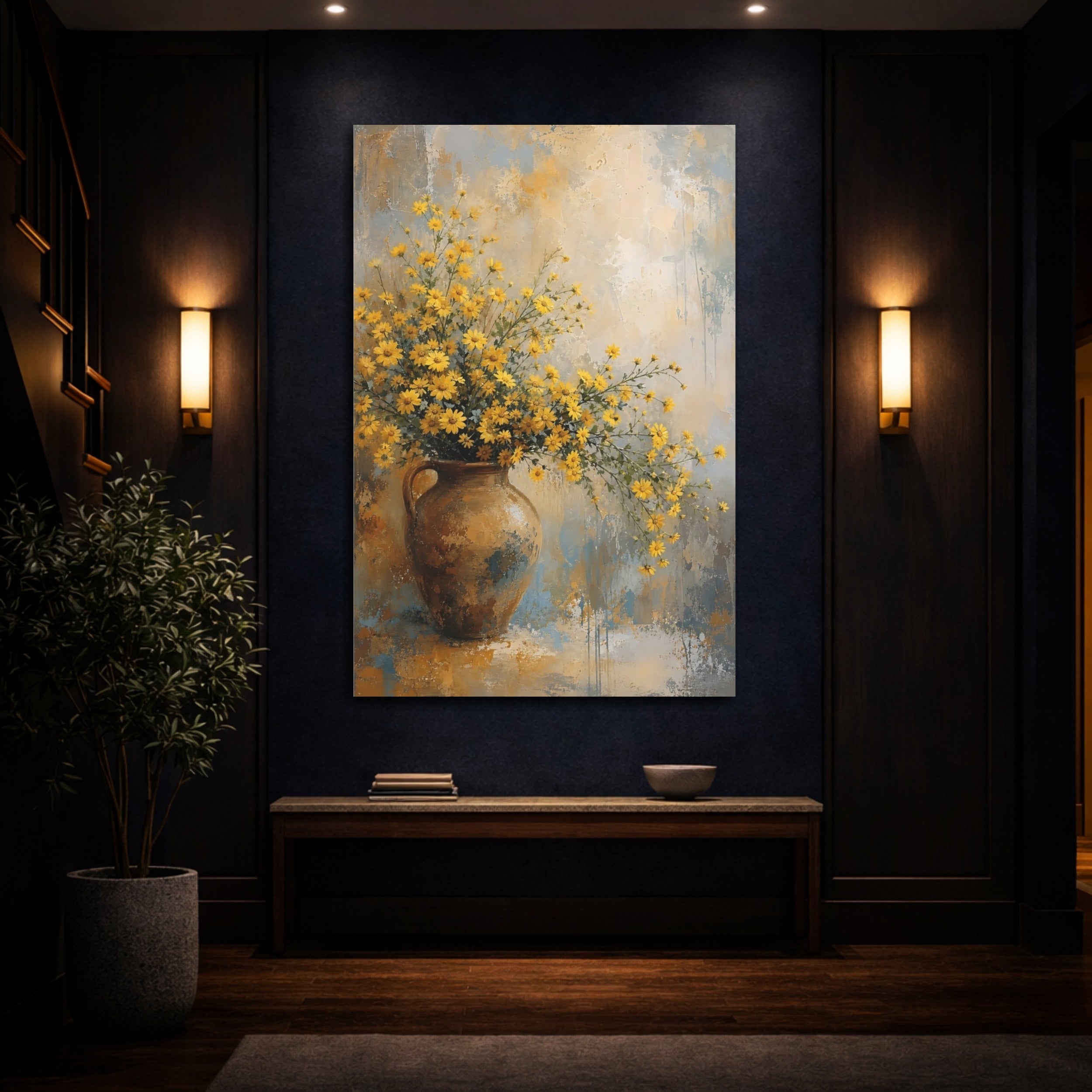 Mockup 4. Floral Yellow Flowers Yellow Floral shown as stretched canvas wall art