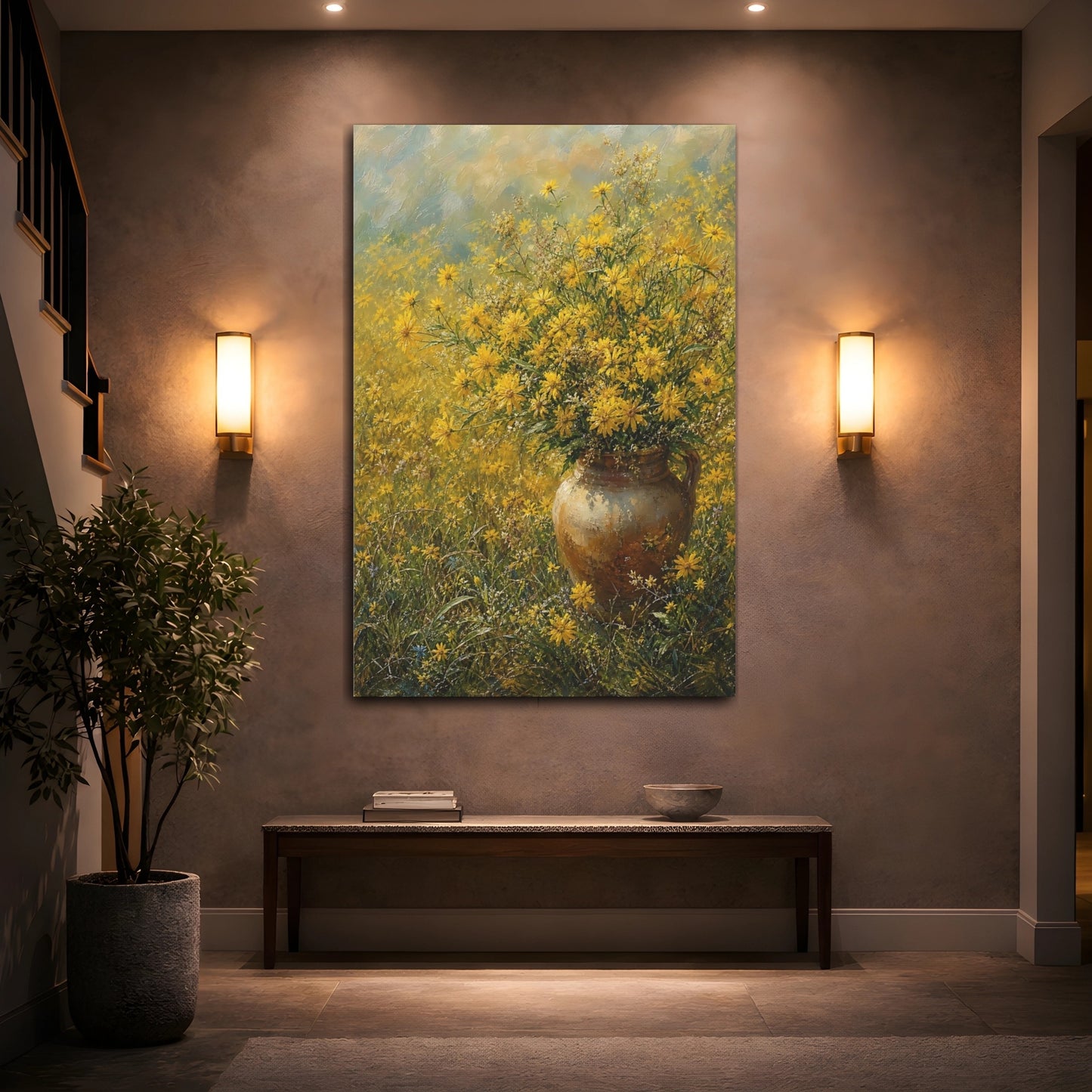 Mockup 2. Floral Yellow Flowers Yellow Floral Vase shown as stretched canvas wall art