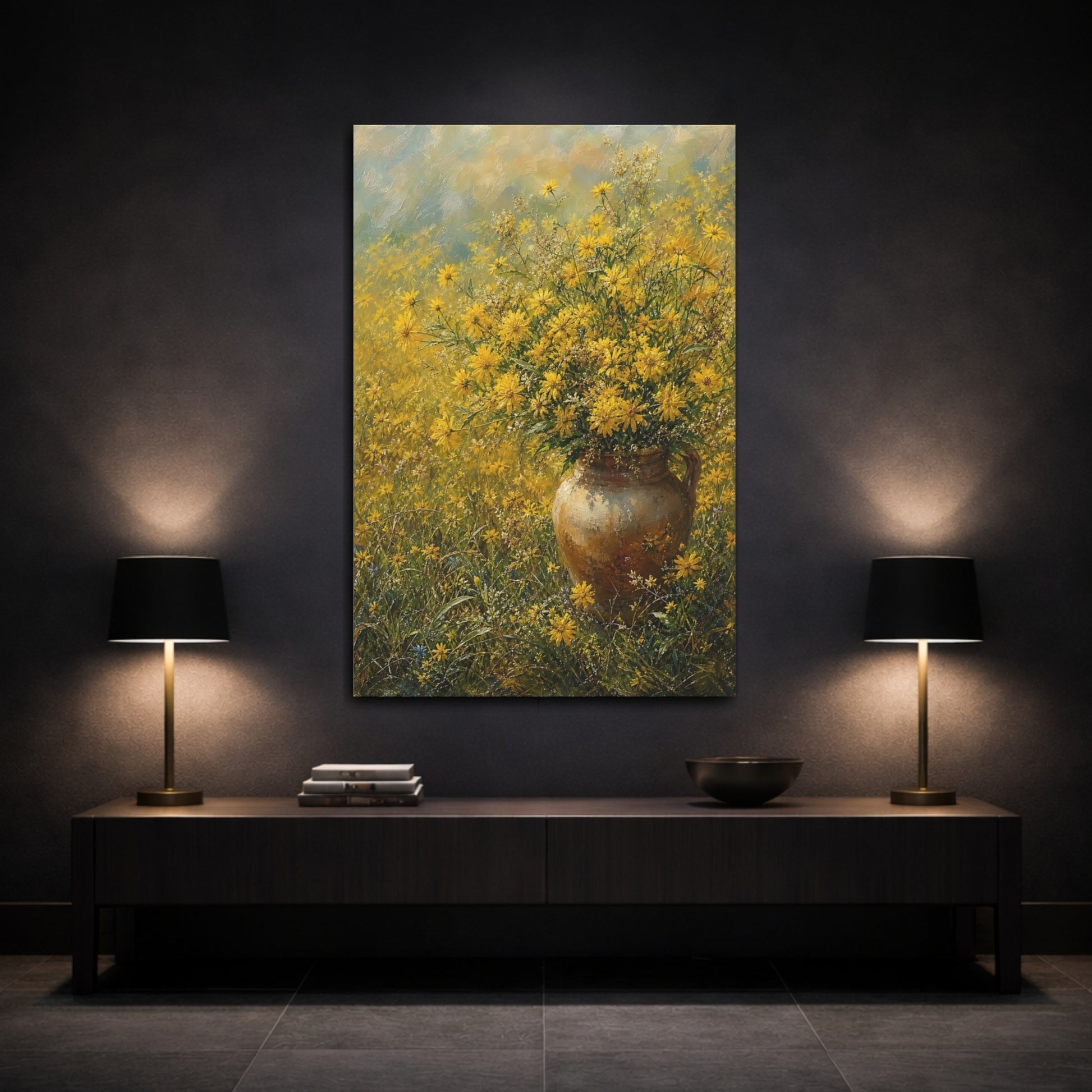 Mockup 3. Floral Yellow Flowers Yellow Floral Vase shown as stretched canvas wall art