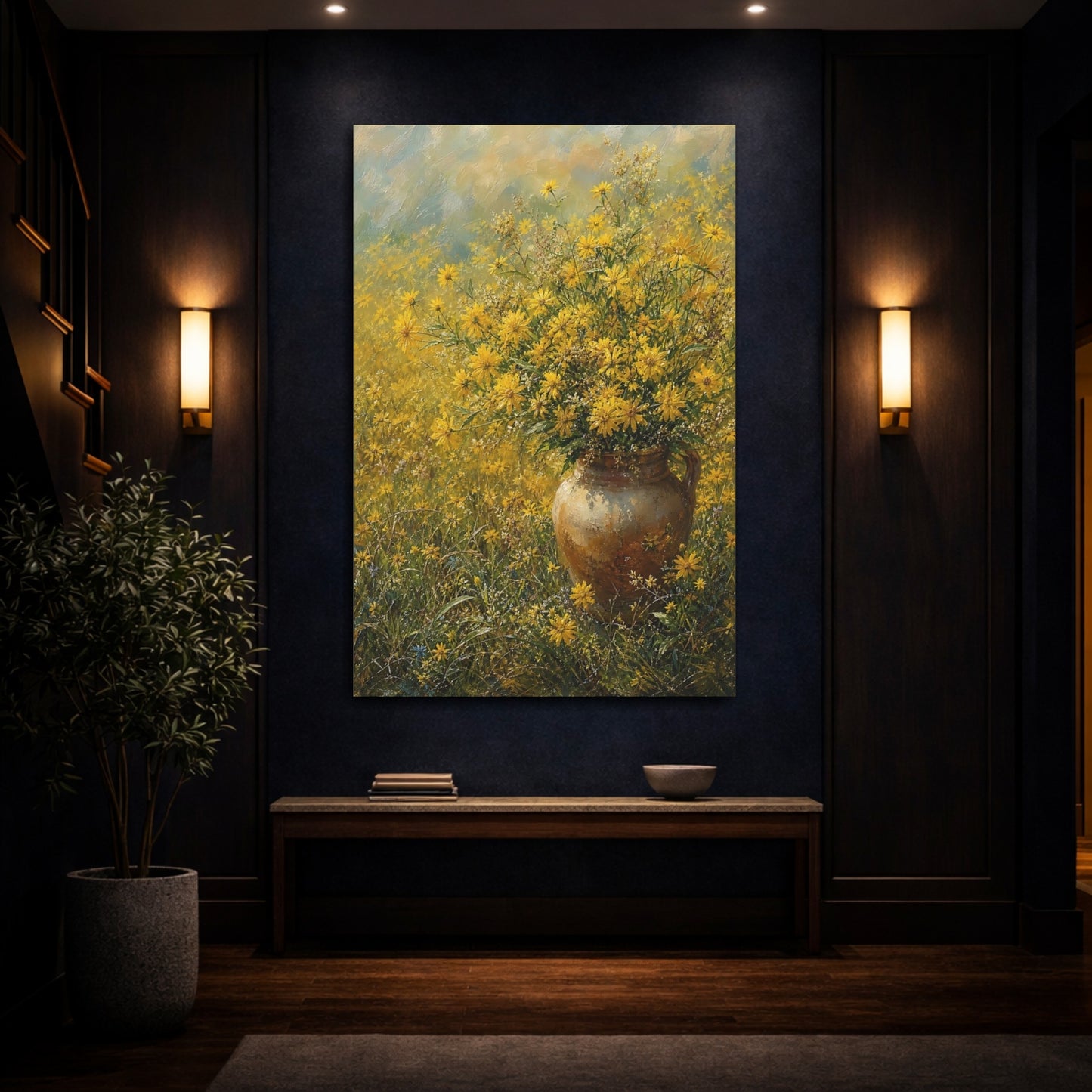 Mockup 4. Floral Yellow Flowers Yellow Floral Vase shown as stretched canvas wall art