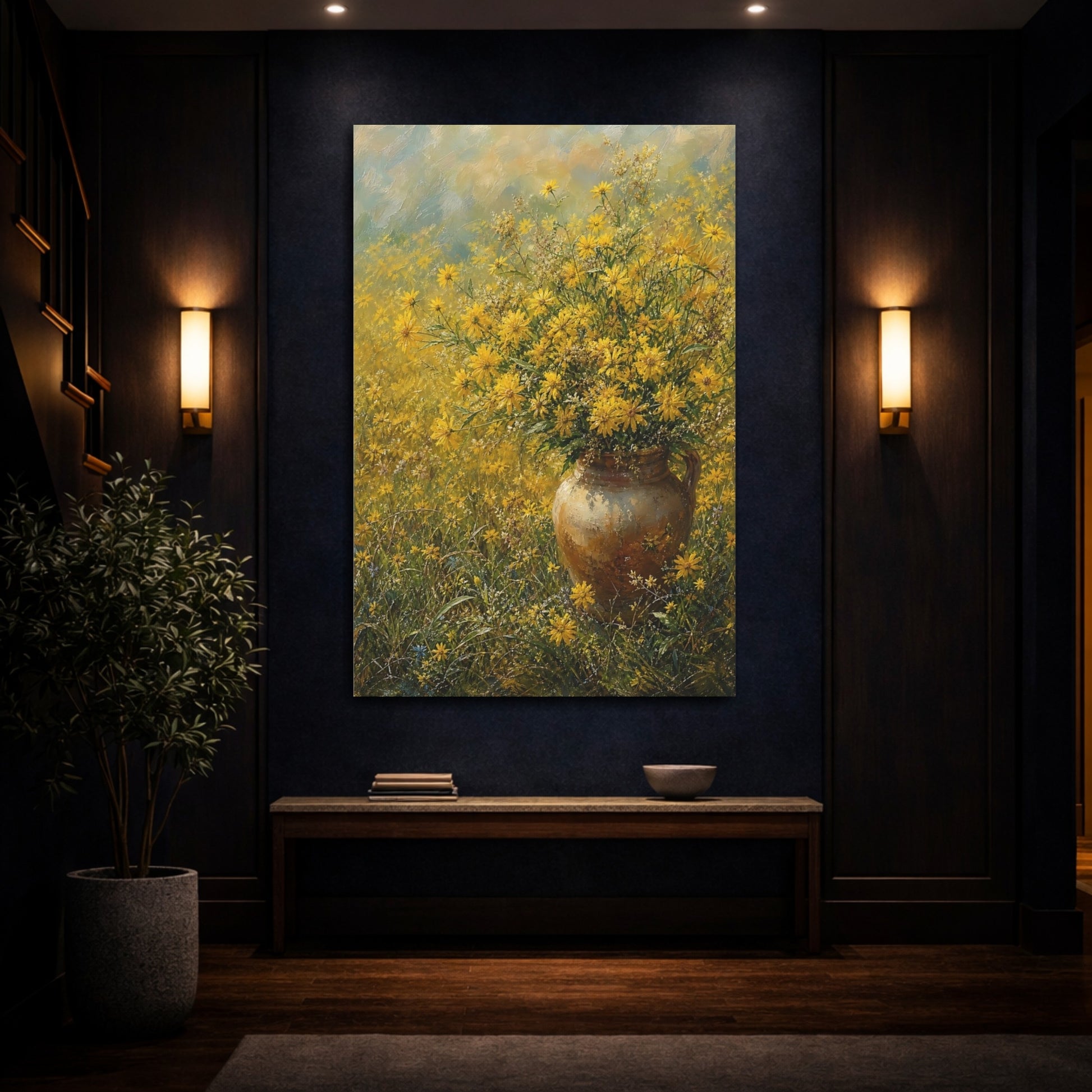Mockup 4. Floral Yellow Flowers Yellow Floral Vase shown as stretched canvas wall art