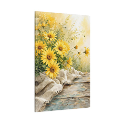 Main Mockup. Floral Yellow Flowers Yellow Flowers Rustic shown as stretched canvas wall art