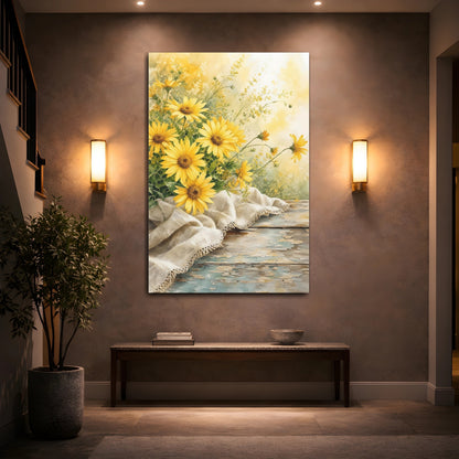 Mockup 2. Floral Yellow Flowers Yellow Flowers Rustic shown as stretched canvas wall art