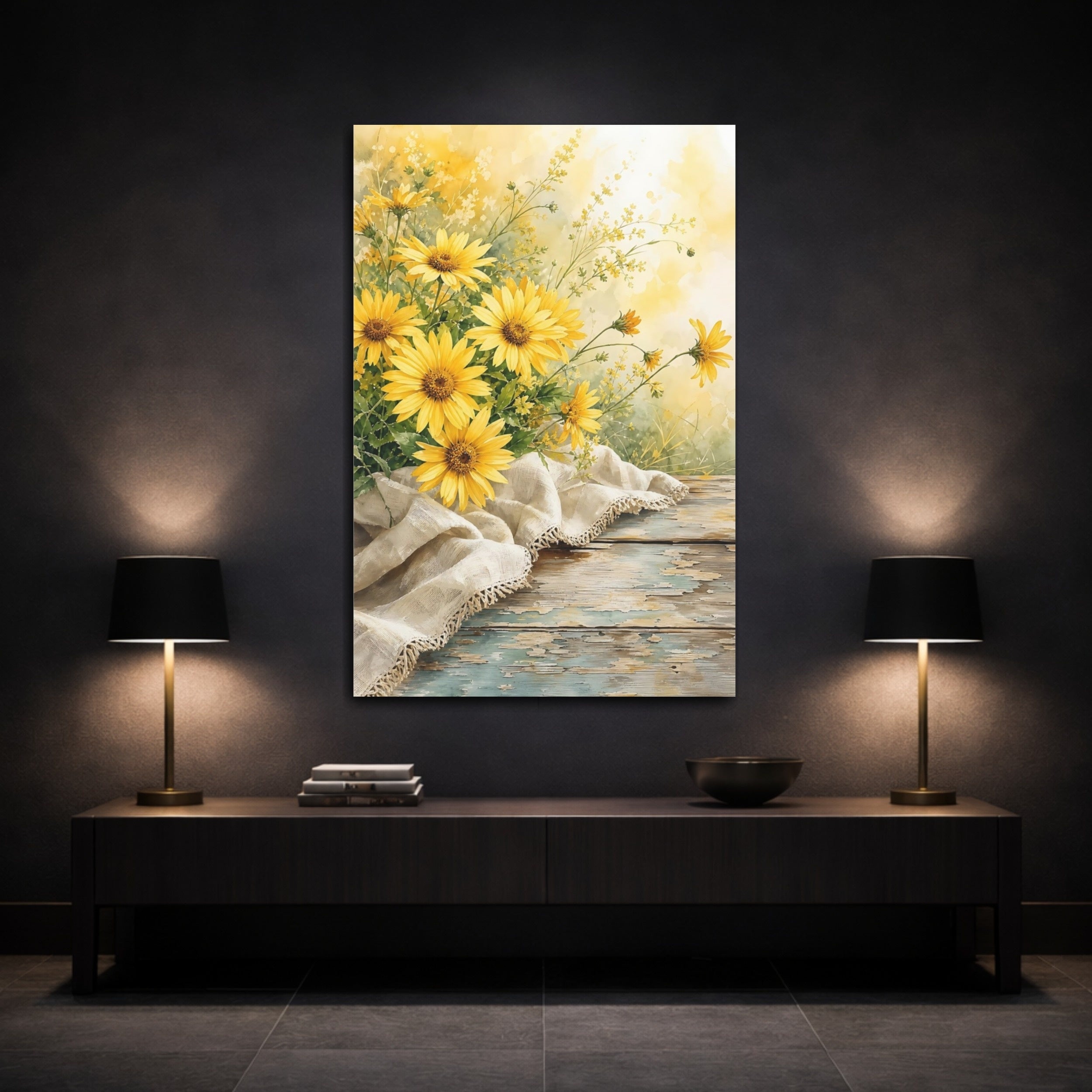 Mockup 3. Floral Yellow Flowers Yellow Flowers Rustic shown as stretched canvas wall art