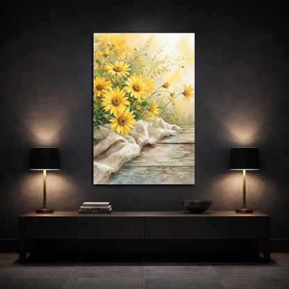 Mockup 3. Floral Yellow Flowers Yellow Flowers Rustic shown as stretched canvas wall art