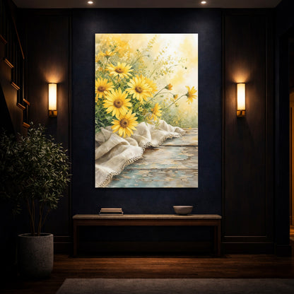 Mockup 4. Floral Yellow Flowers Yellow Flowers Rustic shown as stretched canvas wall art