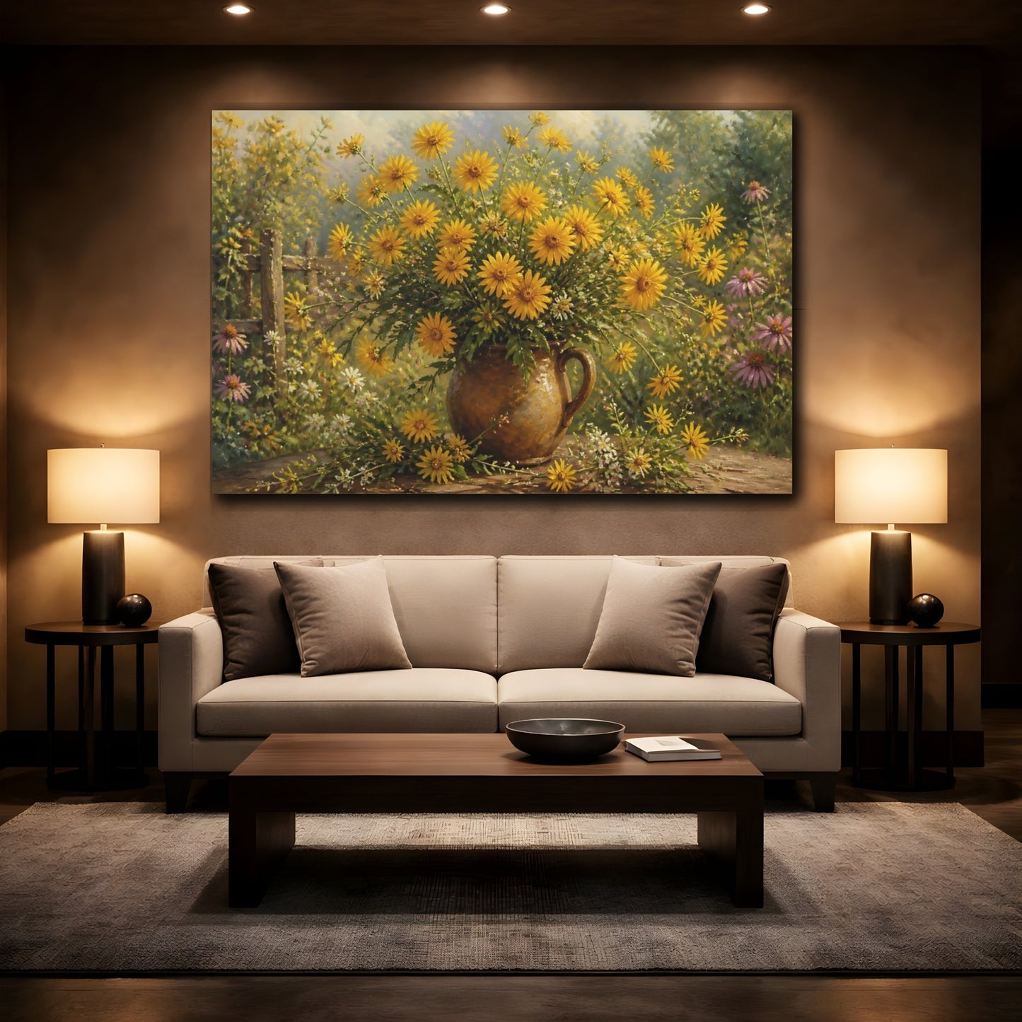 Mockup 2. Floral Yellow Flowers Yellow Flowers shown as stretched canvas wall art
