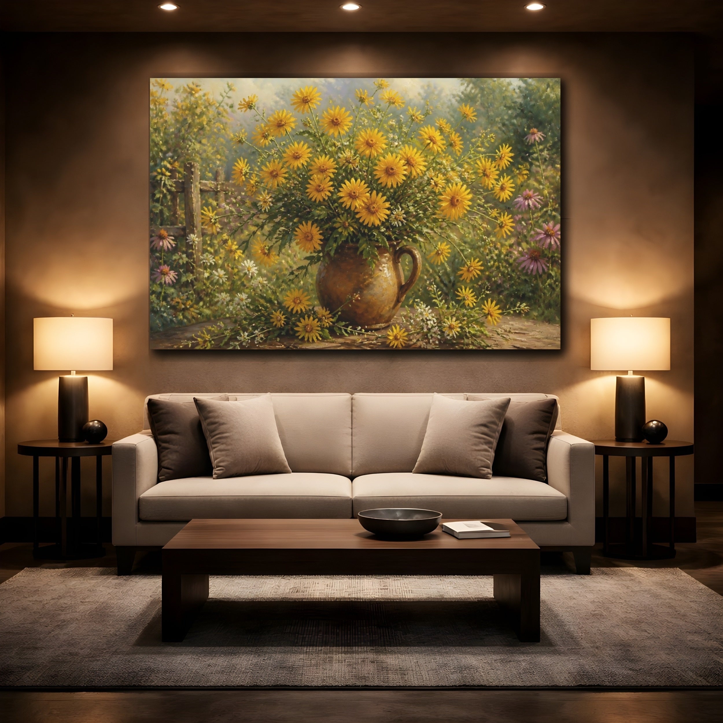 Mockup 2. Floral Yellow Flowers Yellow Flowers shown as stretched canvas wall art