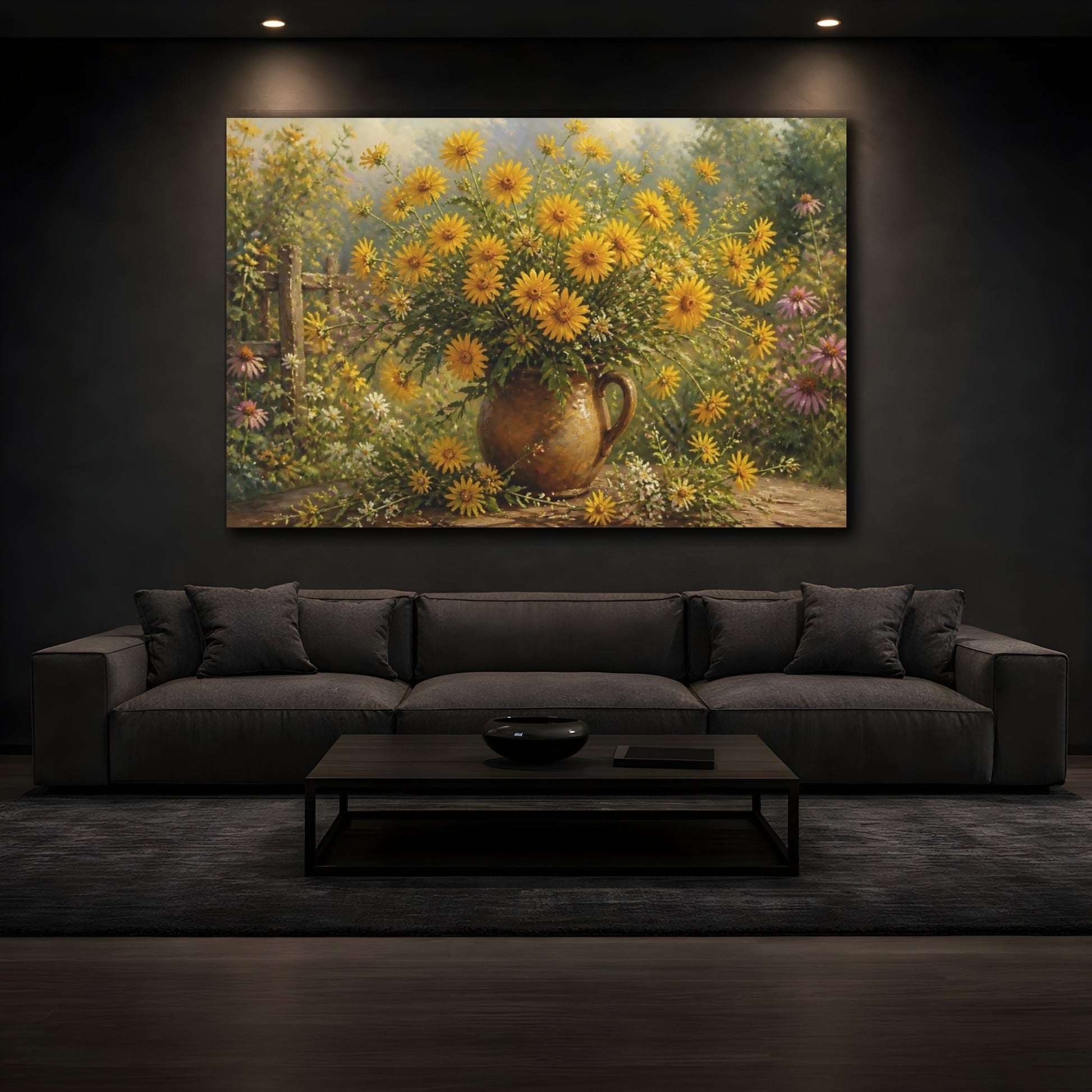 Mockup 3. Floral Yellow Flowers Yellow Flowers shown as stretched canvas wall art
