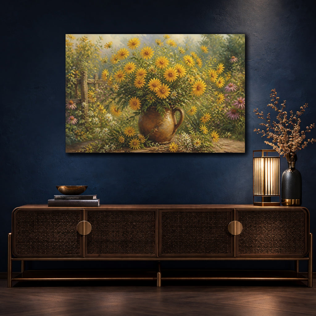 Mockup 4. Floral Yellow Flowers Yellow Flowers shown as stretched canvas wall art