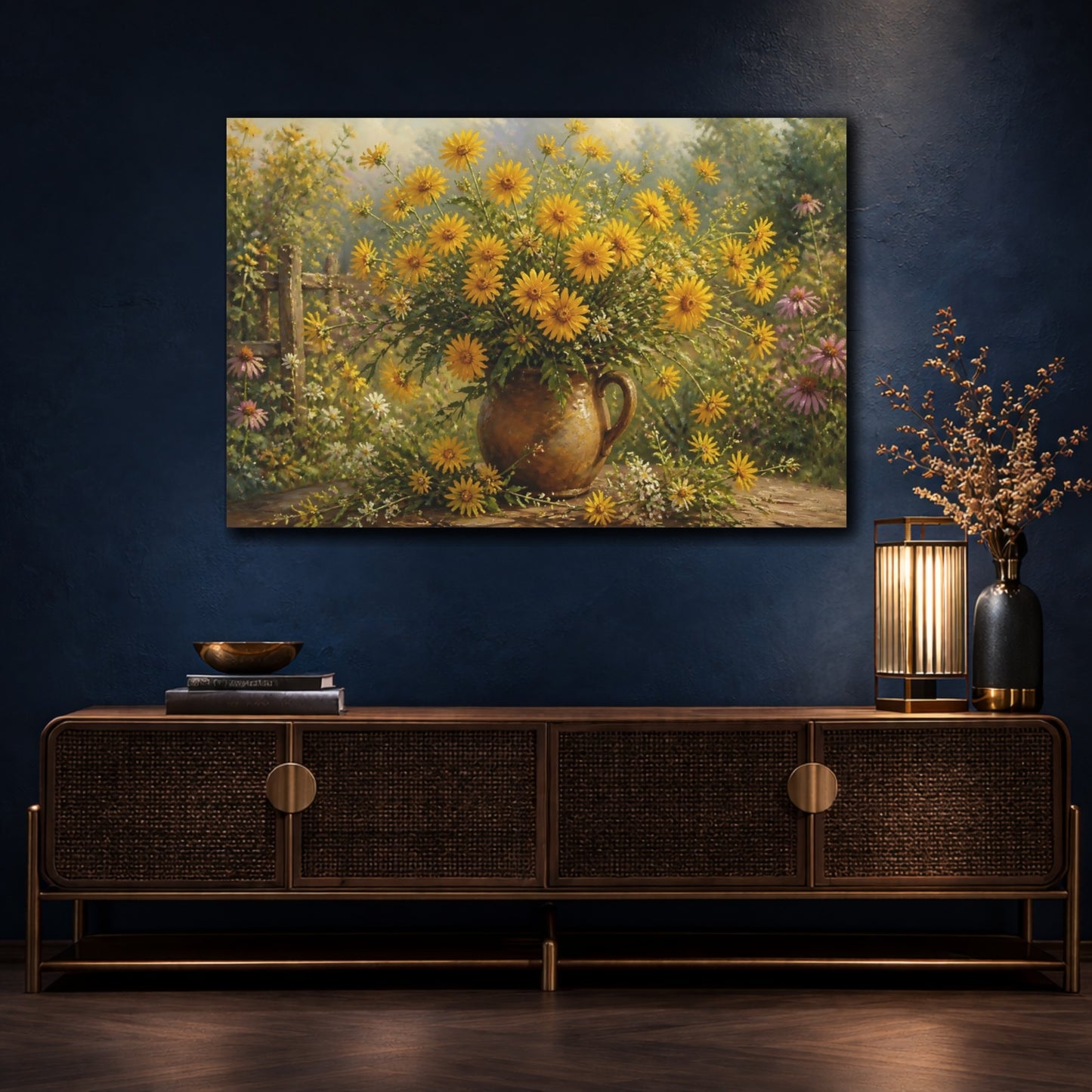 Mockup 4. Floral Yellow Flowers Yellow Flowers shown as stretched canvas wall art